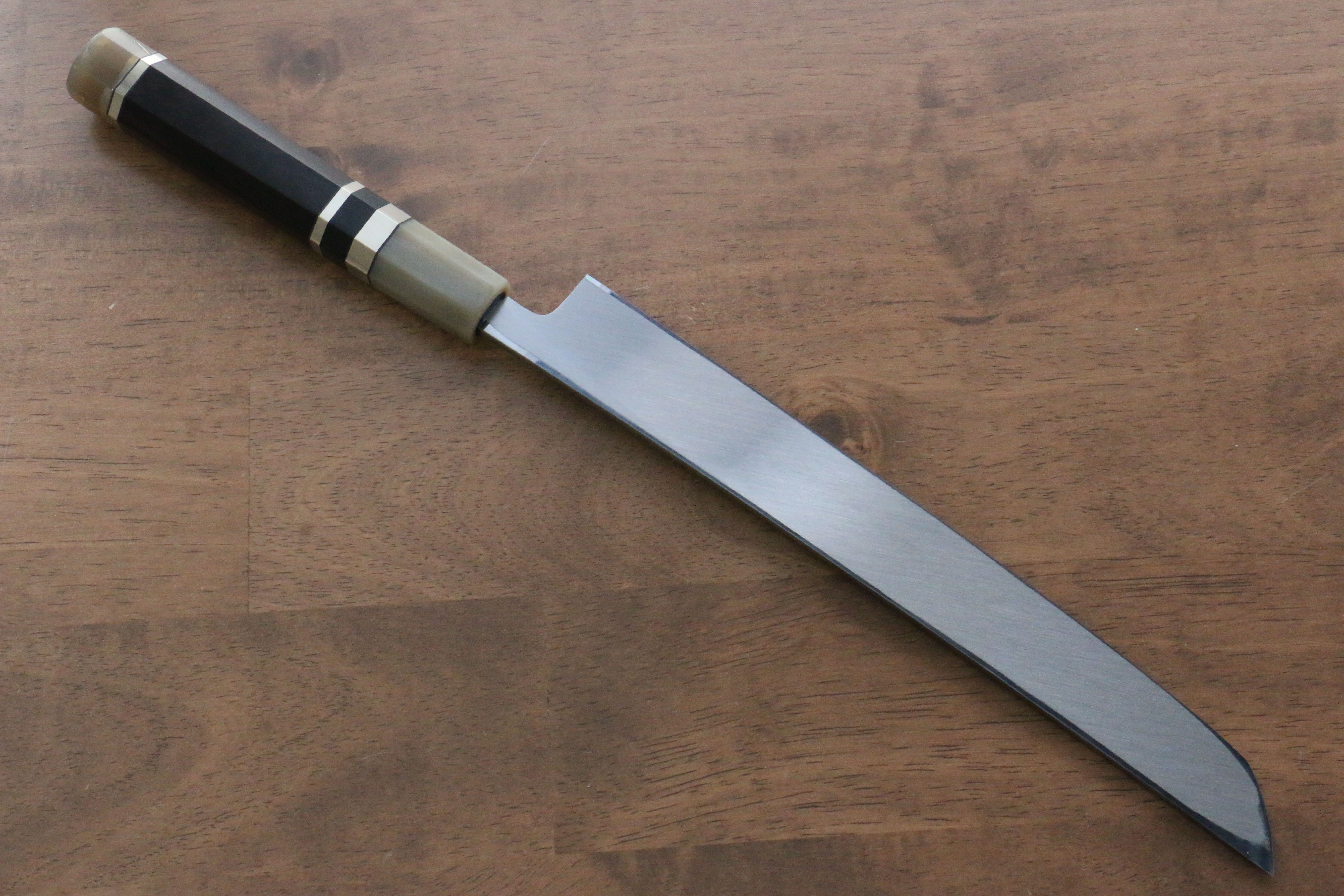 Jikko Shiko White Steel Sakimaru Yanagiba 240mm Ebony with Double Ring Handle - Japanny - Best Japanese Knife