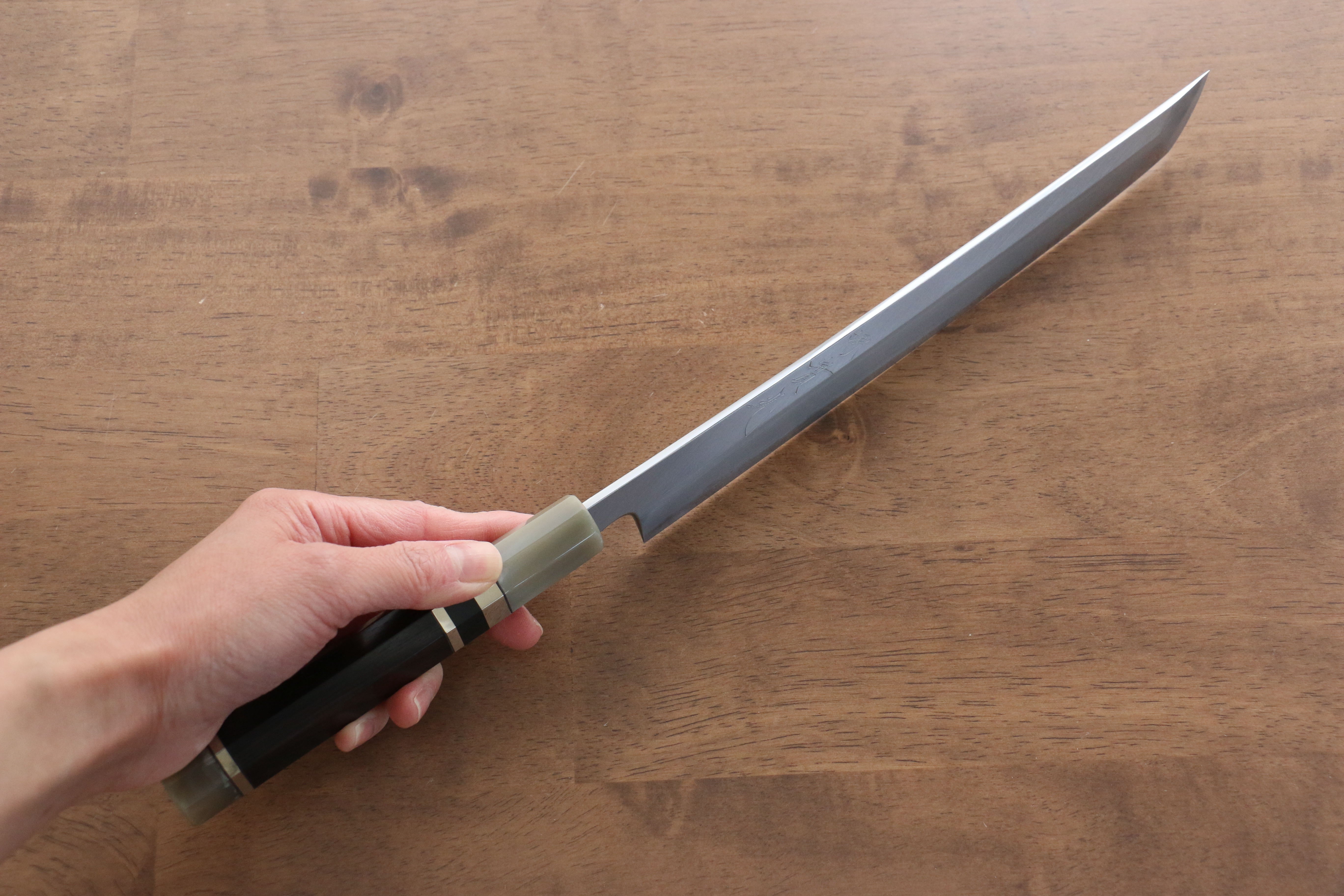 Jikko Shiko White Steel Sakimaru Yanagiba 240mm Ebony with Double Ring Handle - Japanny - Best Japanese Knife