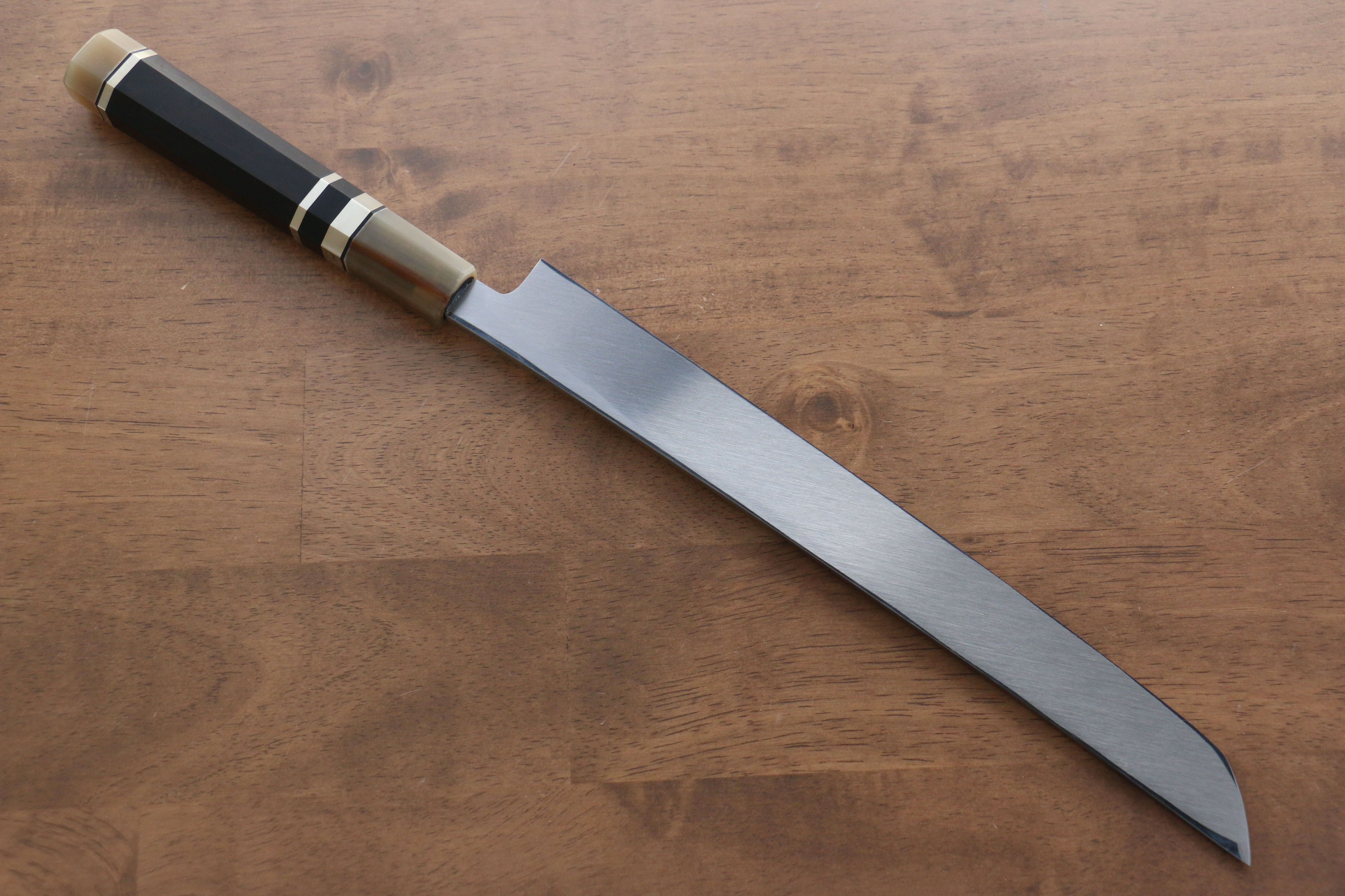 Jikko Shiko White Steel Sakimaru Yanagiba 270mm Ebony with Double Ring Handle - Japanny - Best Japanese Knife