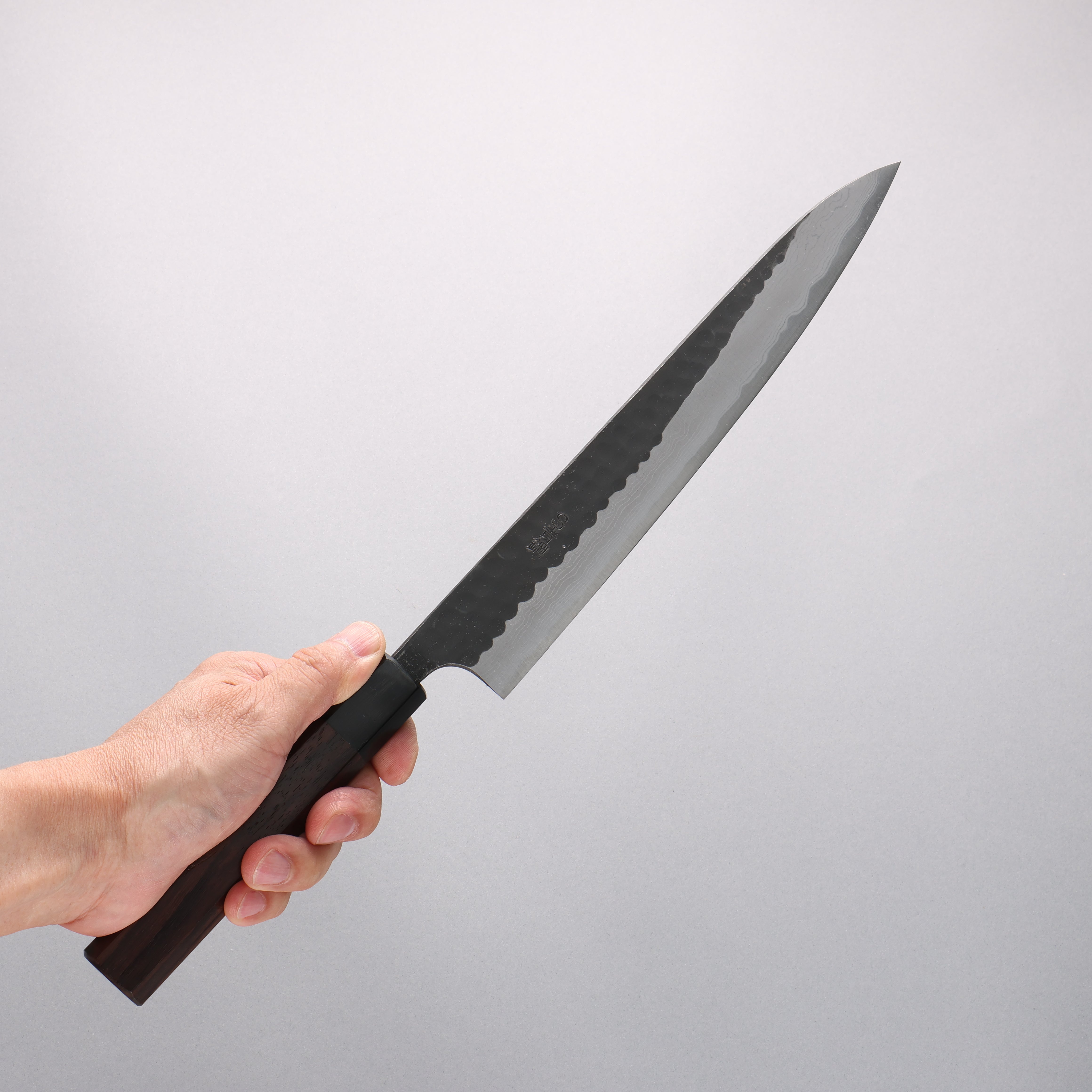 Nao Yamamoto Blue Super Kurouchi Hammered Damascus Yanagiba 240mm Rosewood Handle - Japanny - Best Japanese Knife