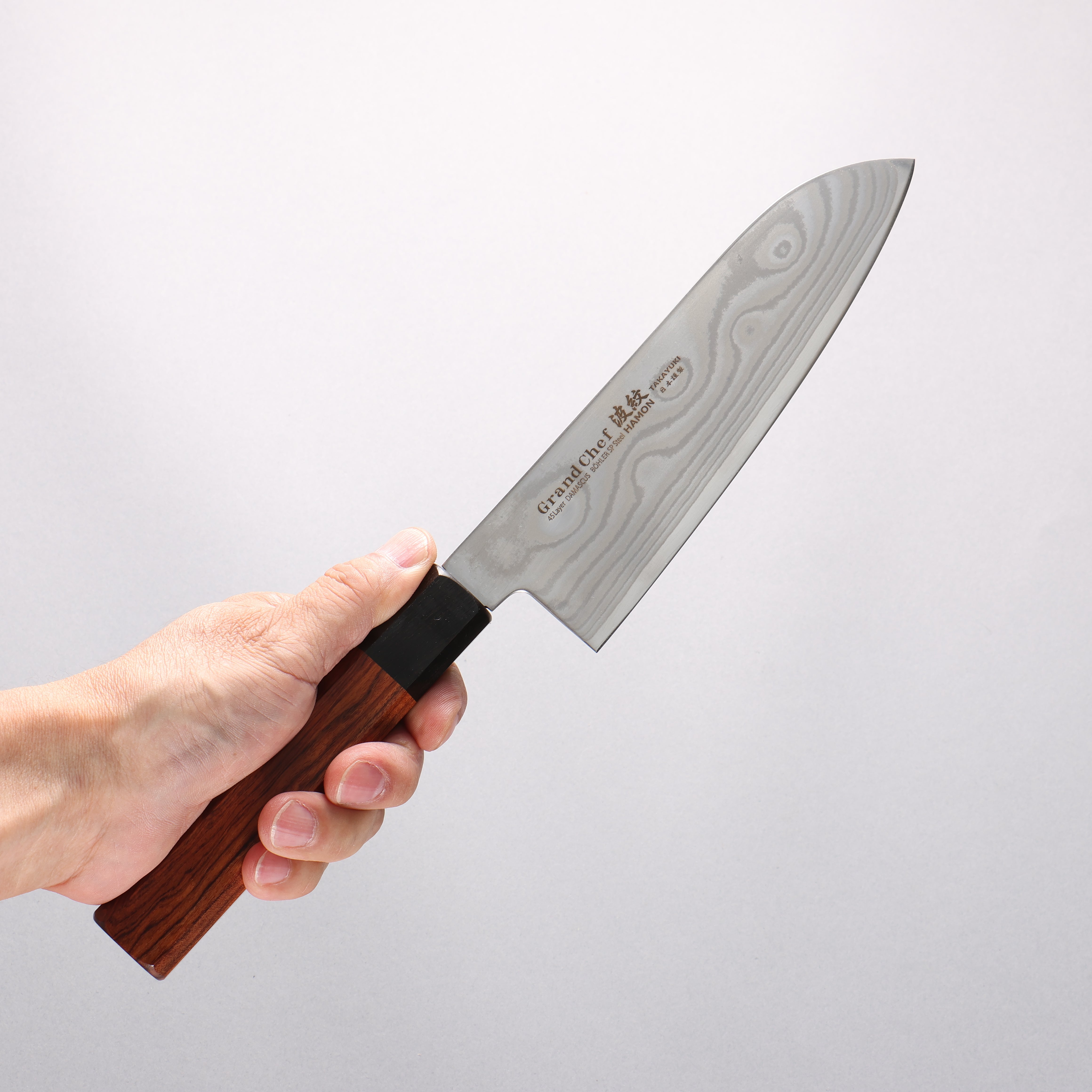 Sakai Takayuki Grand Chef Hamon B��hler SP Steel 45 Layer Damascus Santoku 170mm Rosewood (Ferrule: Black Pakka Wood) Handle - Japanny - Best Japanese Knife