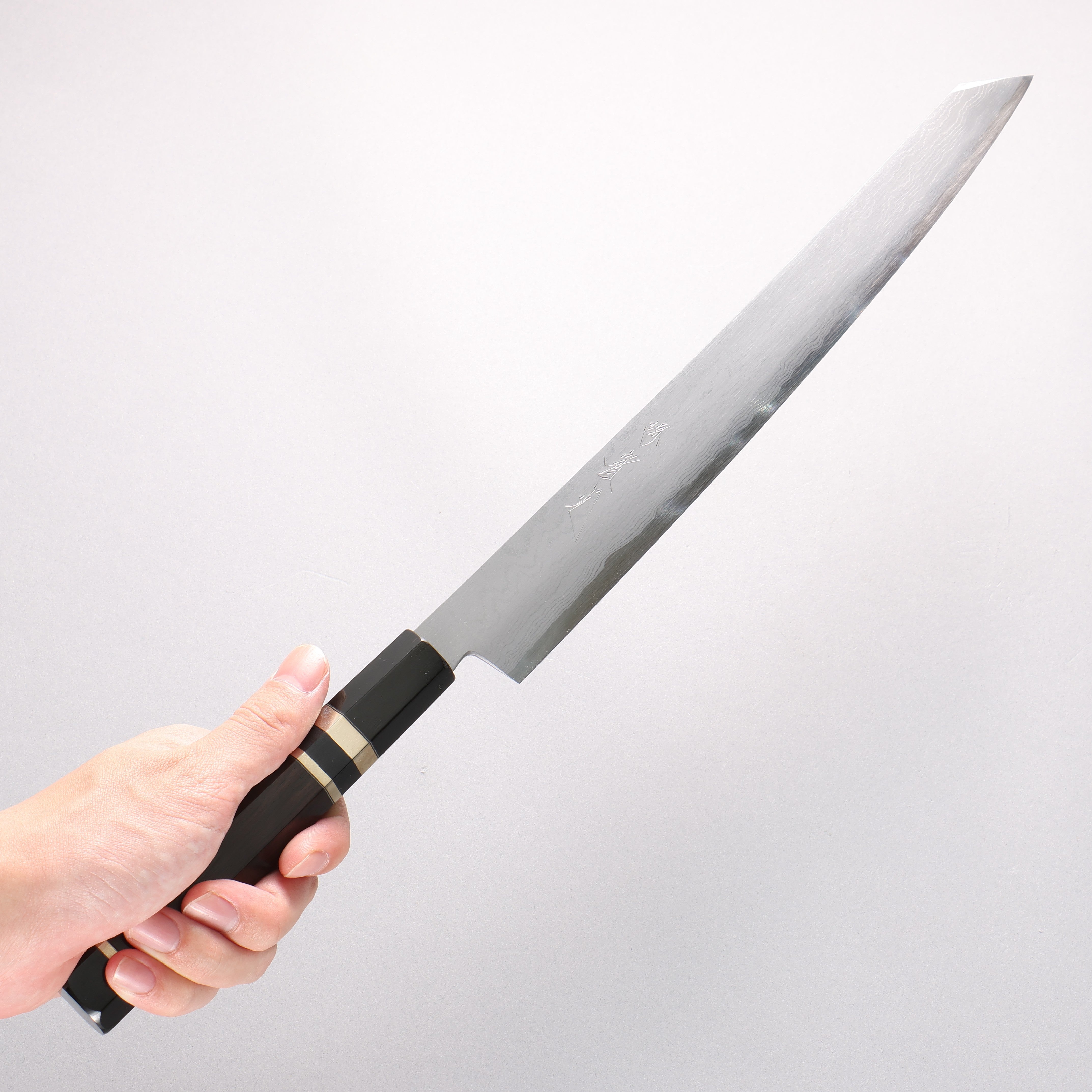 Jikko Blue Steel Damascus Kiritsuke Sujihiki 300mm Ebony with Double Ring Handle - Japanny - Best Japanese Knife