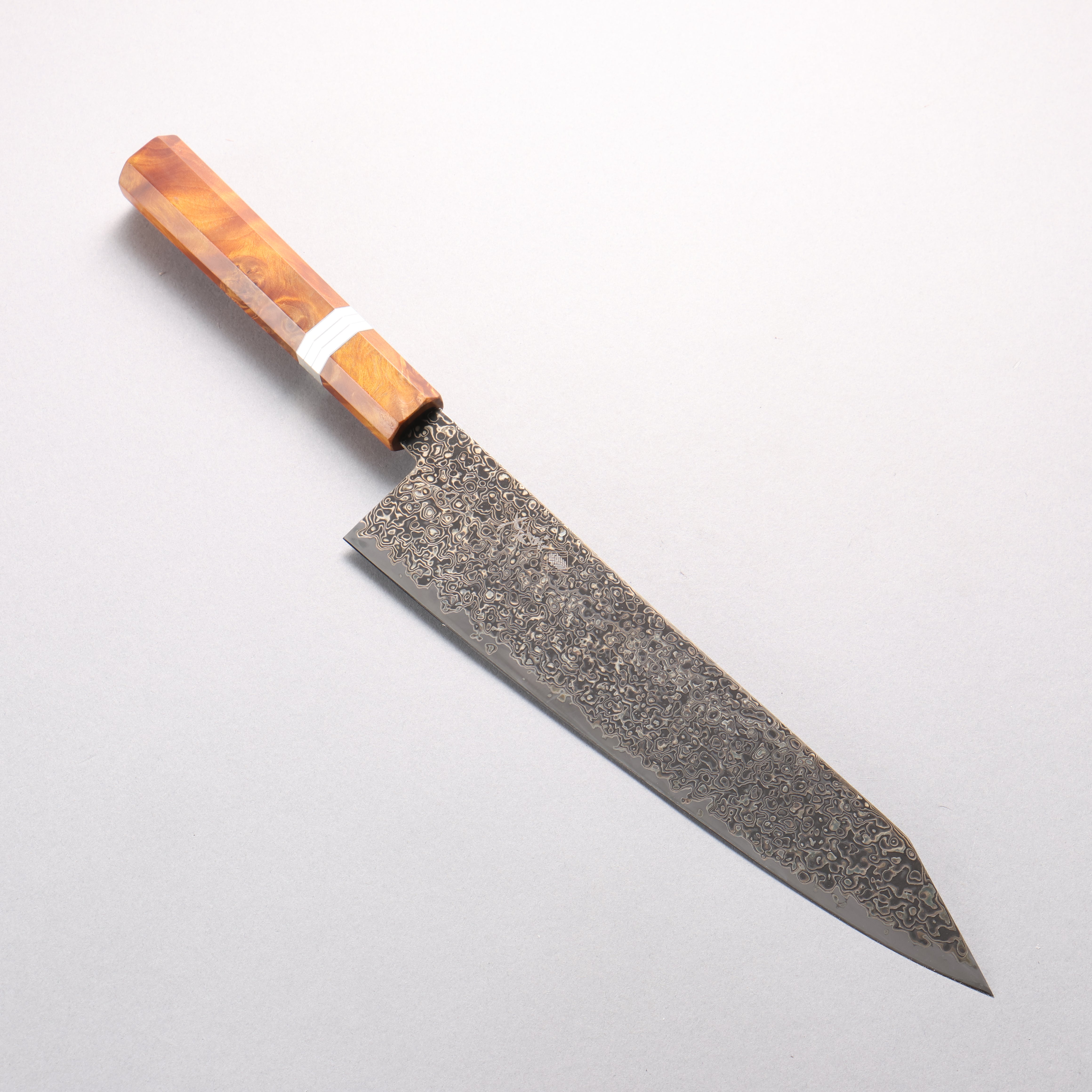 Kanjyo SG2 Black Damascus Kiritsuke Gyuto 240mm Brown Stabilized Wood (Silver Rings) Handle - Japanny - Best Japanese Knife