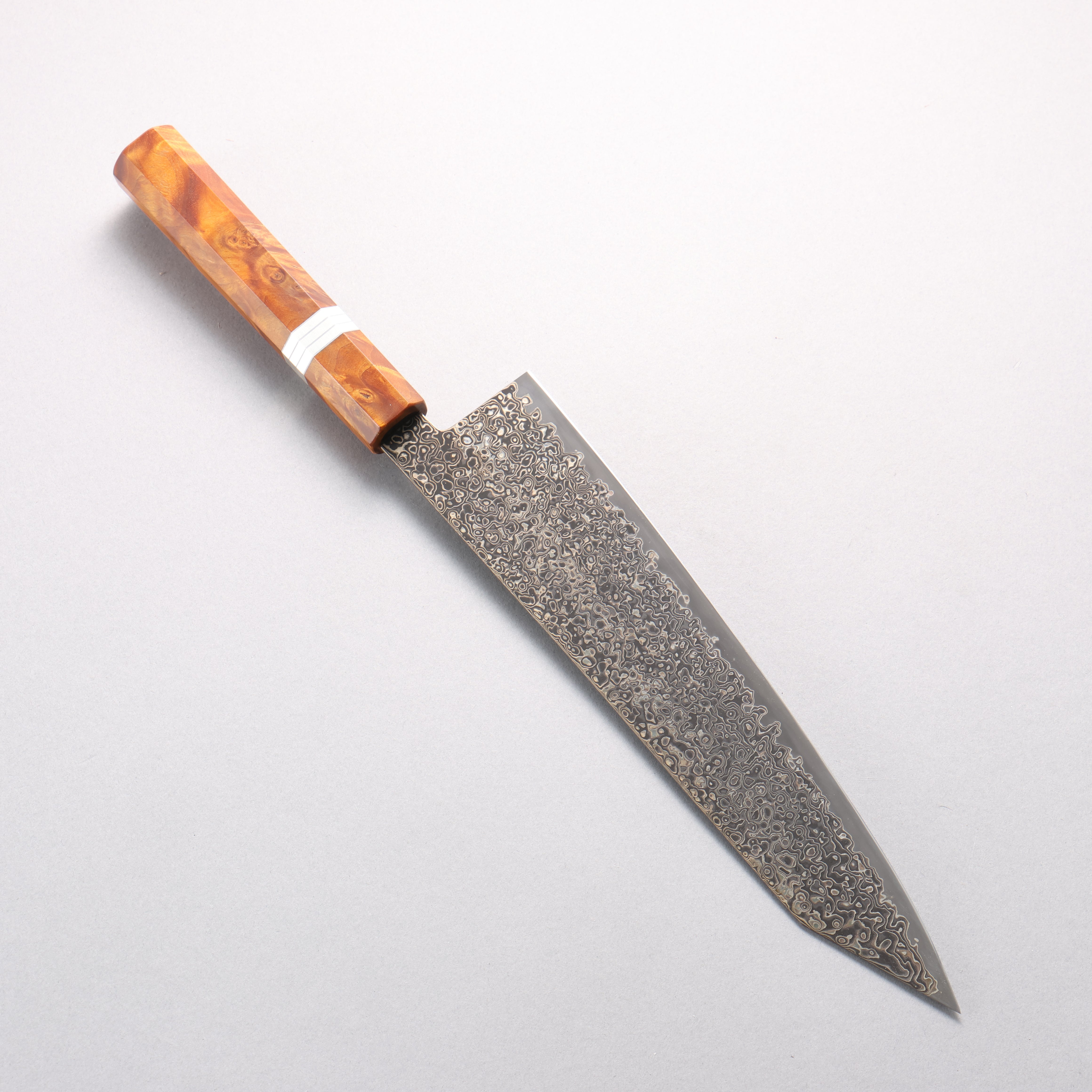 Kanjyo SG2 Black Damascus Kiritsuke Gyuto 240mm Brown Stabilized Wood (Silver Rings) Handle - Japanny - Best Japanese Knife
