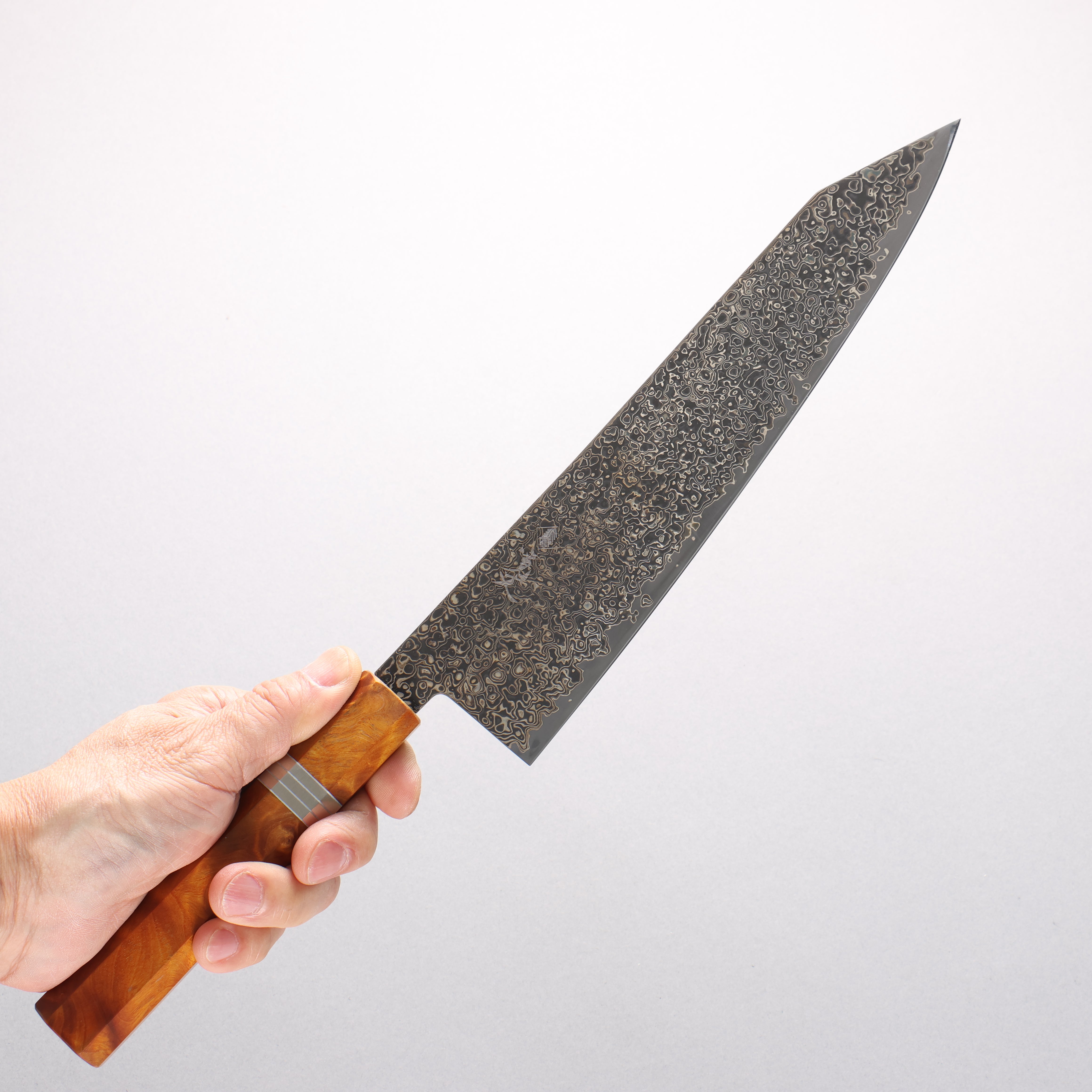 Kanjyo SG2 Black Damascus Kiritsuke Gyuto 240mm Brown Stabilized Wood (Silver Rings) Handle - Japanny - Best Japanese Knife