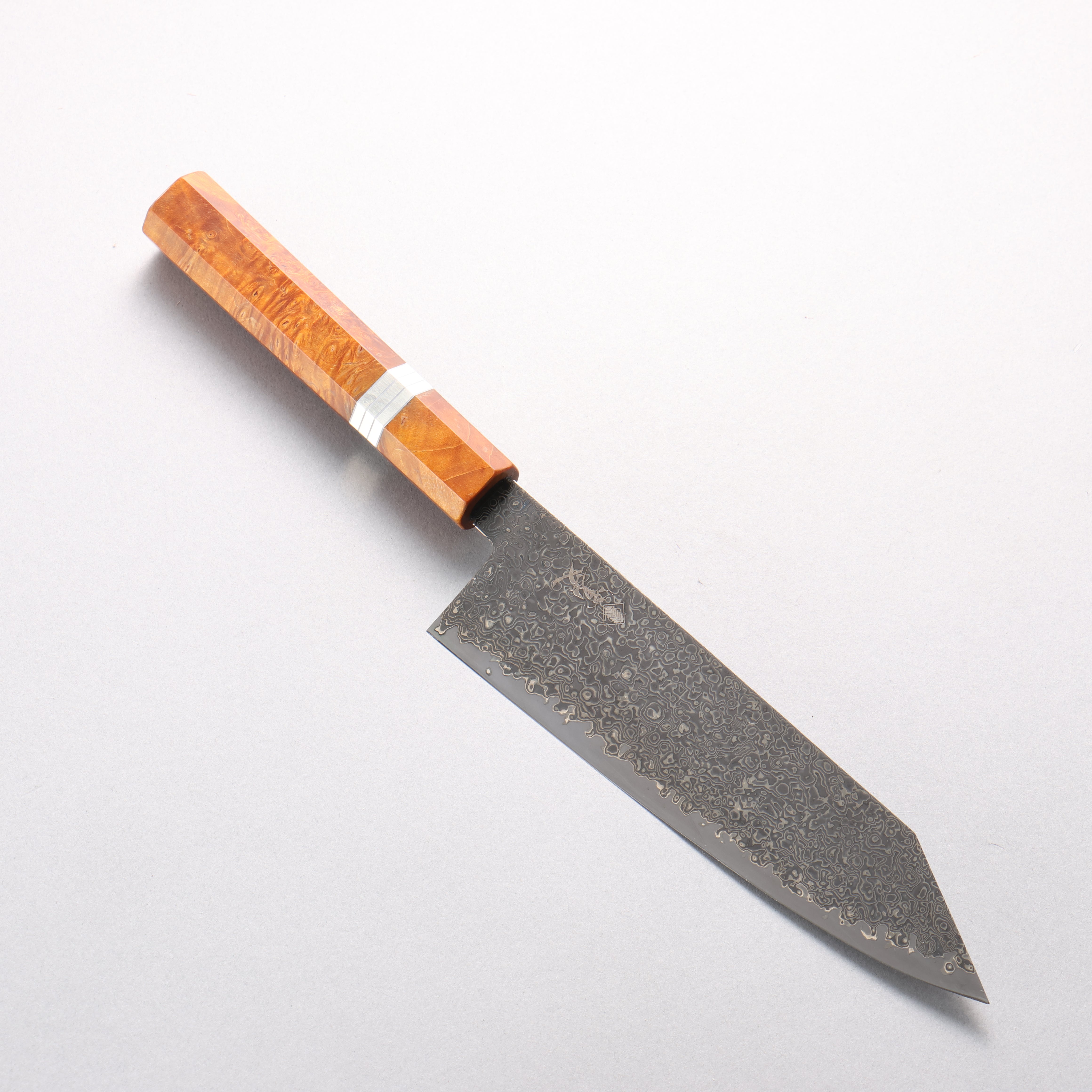 Kanjyo SG2 Black Damascus Kiritsuke Santoku 180mm Brown Stabilized Wood (Silver Rings) Handle - Japanny - Best Japanese Knife