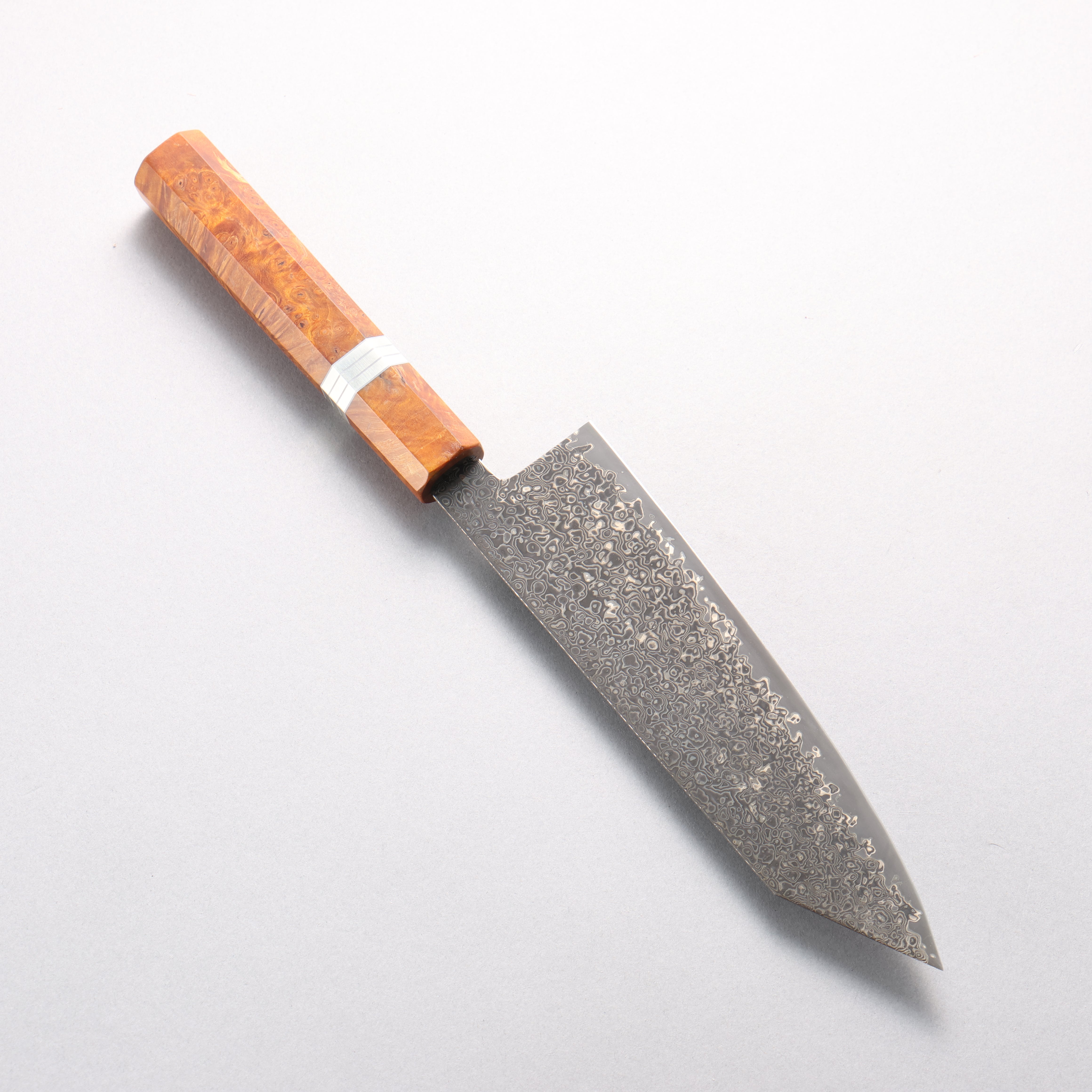 Kanjyo SG2 Black Damascus Kiritsuke Santoku 180mm Brown Stabilized Wood (Silver Rings) Handle - Japanny - Best Japanese Knife