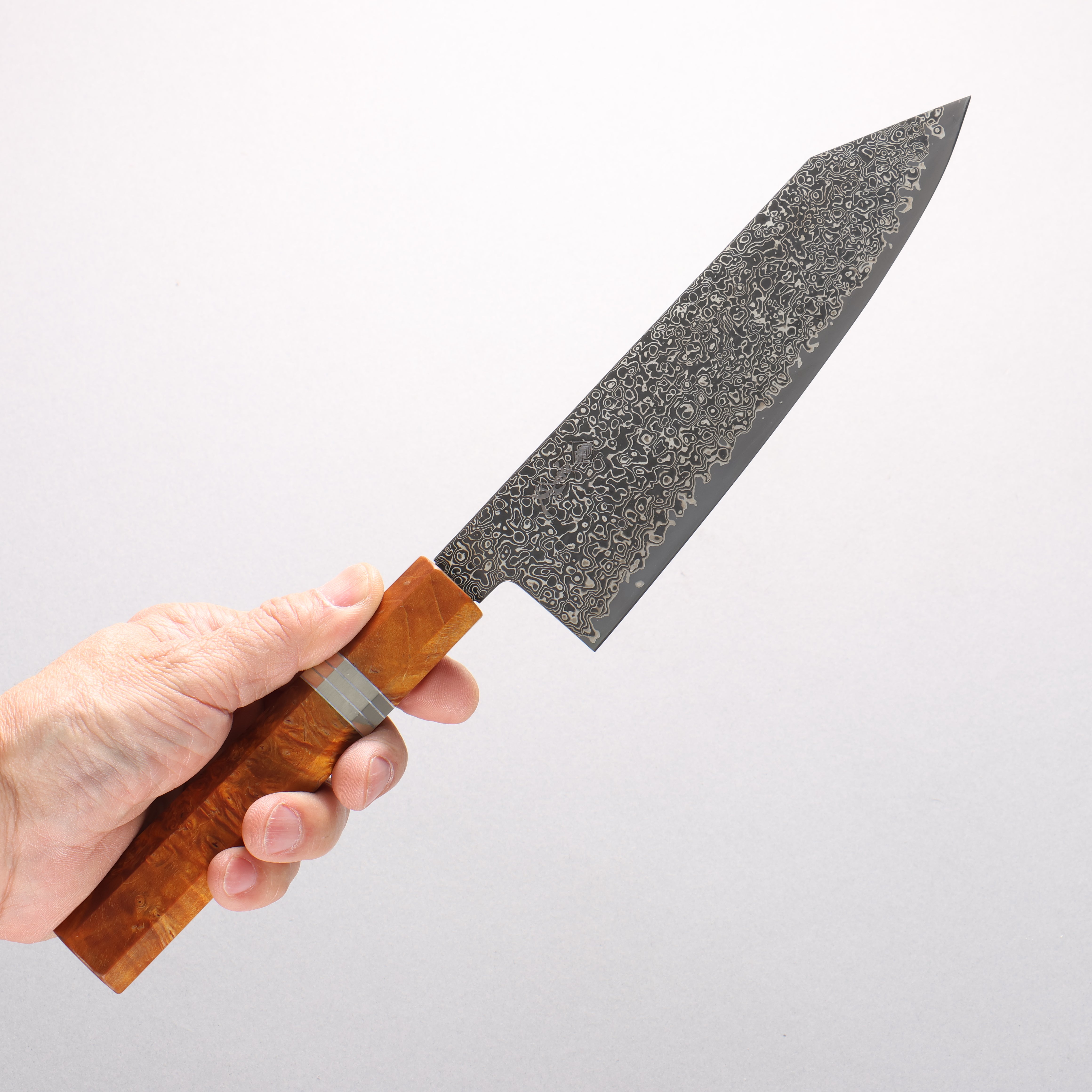 Kanjyo SG2 Black Damascus Kiritsuke Santoku 180mm Brown Stabilized Wood (Silver Rings) Handle - Japanny - Best Japanese Knife