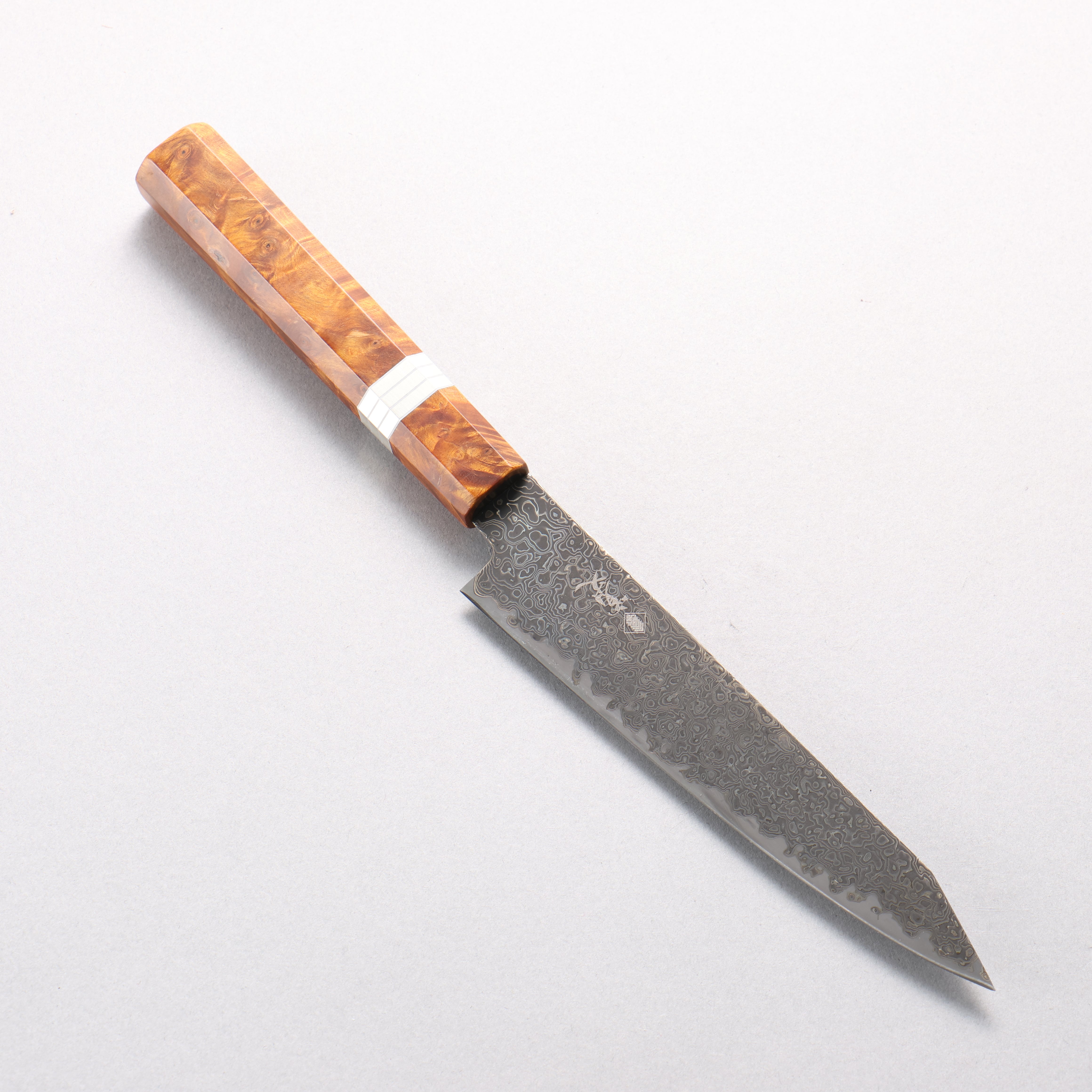 Kanjyo SG2 Black Damascus Kiritsuke Petty-Utility 150mm Brown Stabilized Wood (Silver Rings) Handle - Japanny - Best Japanese Knife