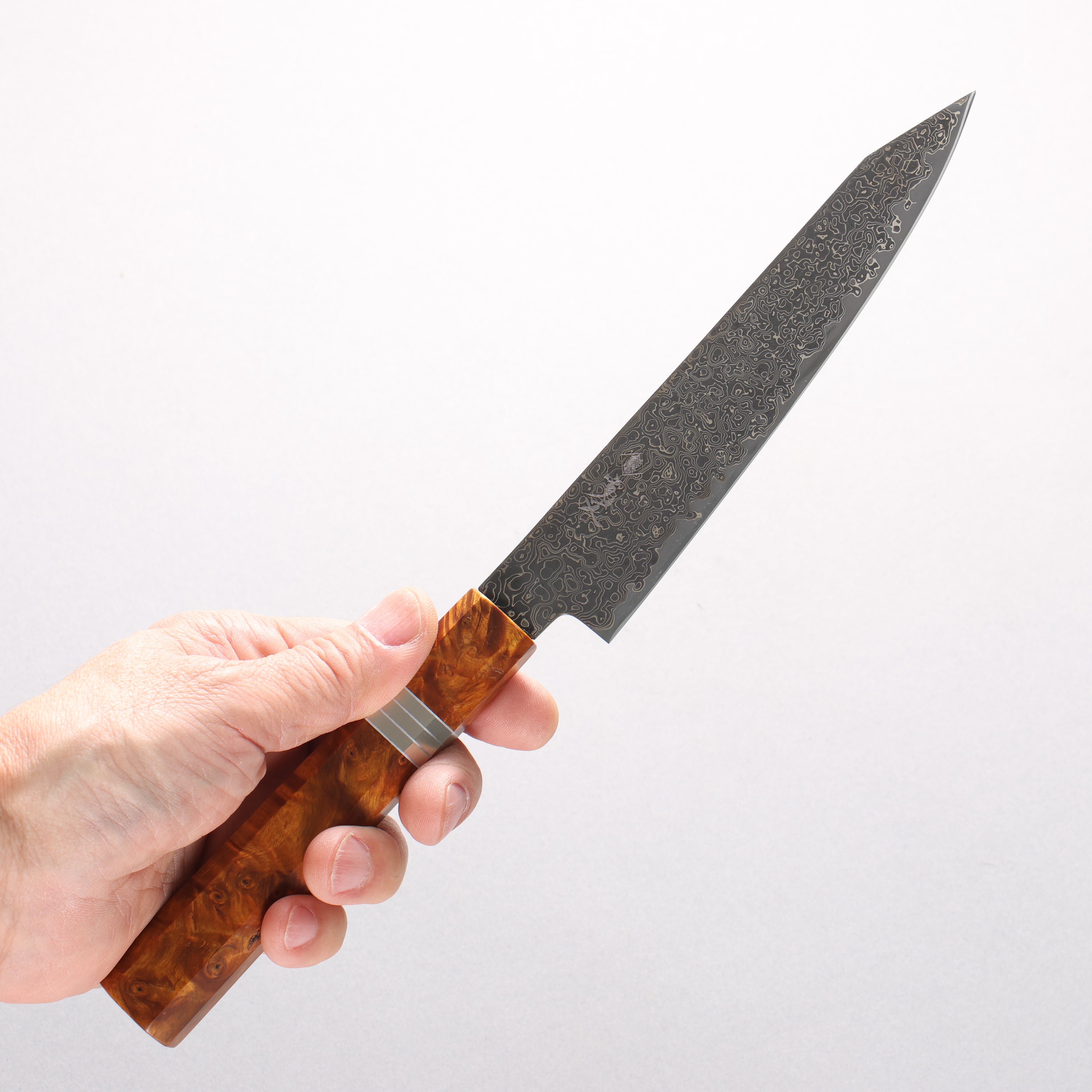 Kanjyo SG2 Black Damascus Kiritsuke Petty-Utility 150mm Brown Stabilized Wood (Silver Rings) Handle - Japanny - Best Japanese Knife
