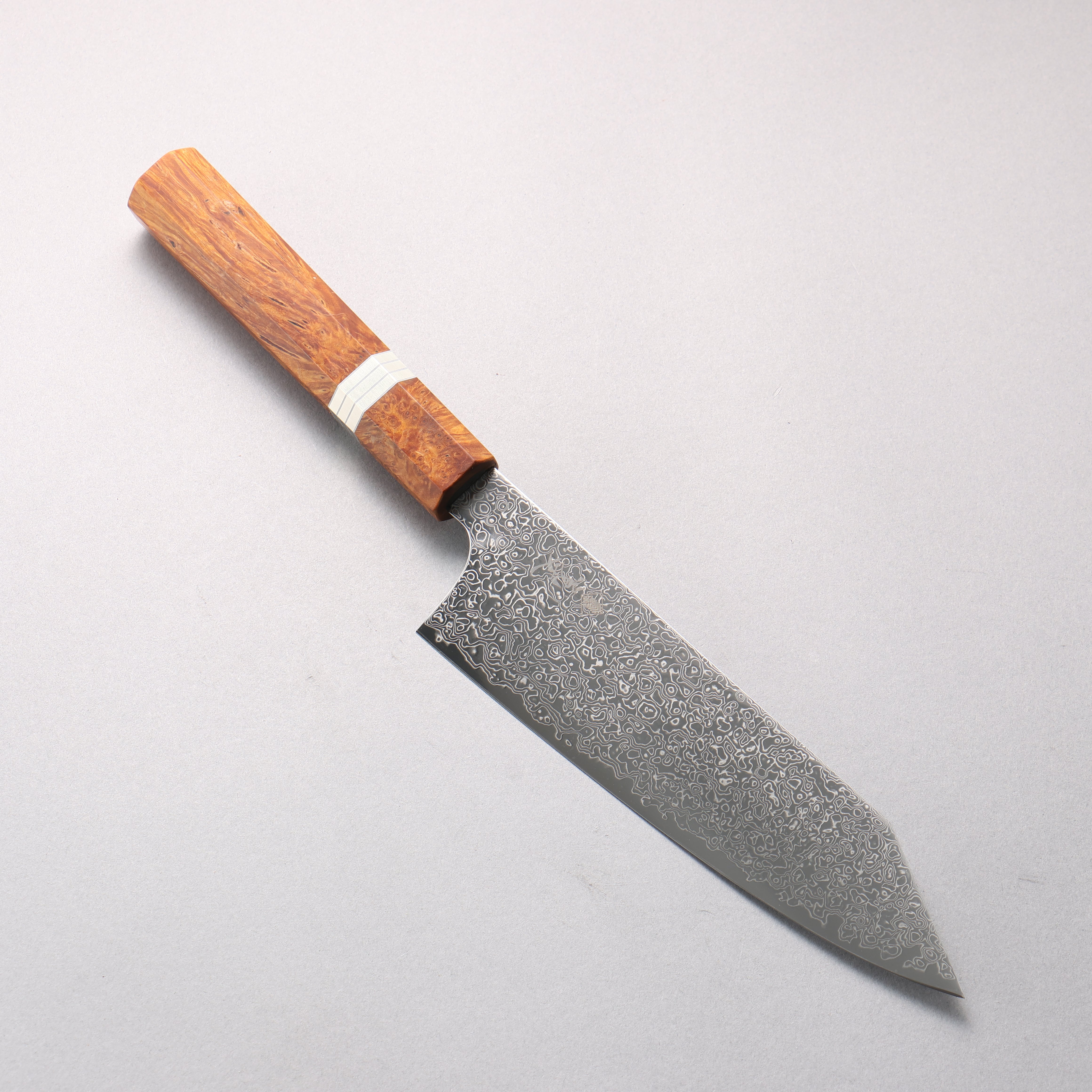 Kanjyo SG2 Damascus Migaki Finished Kiritsuke Santoku 180mm Brown Stabilized Wood (Silver Rings) Handle - Japanny - Best Japanese Knife