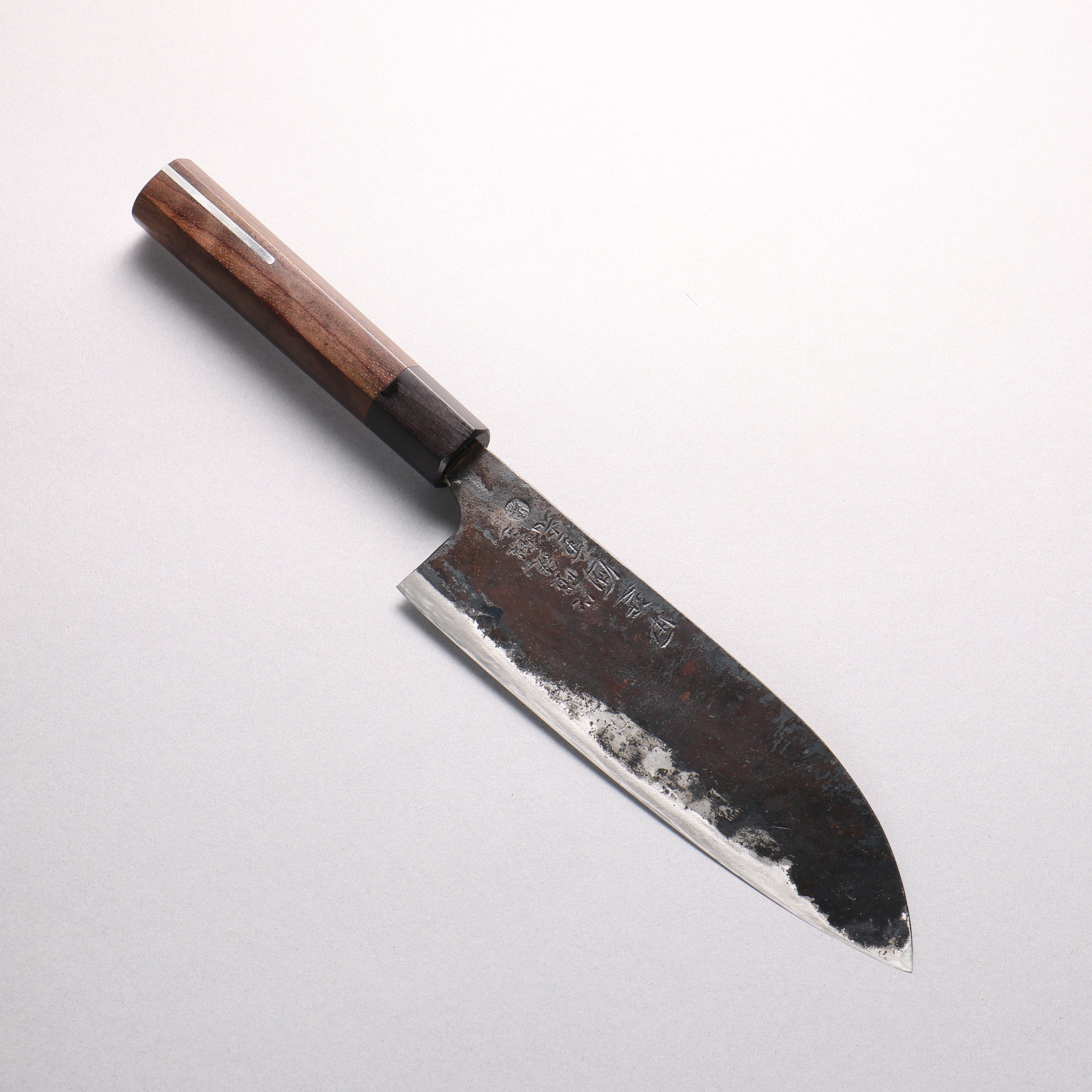 Shigemitsu Ito Tamahagane Meteorite Cladded Black Finished Santoku 180mm Rosewood (ferrule: Black Pakka wood With Silver Lining) Handle - Japanny - Best Japanese Knife