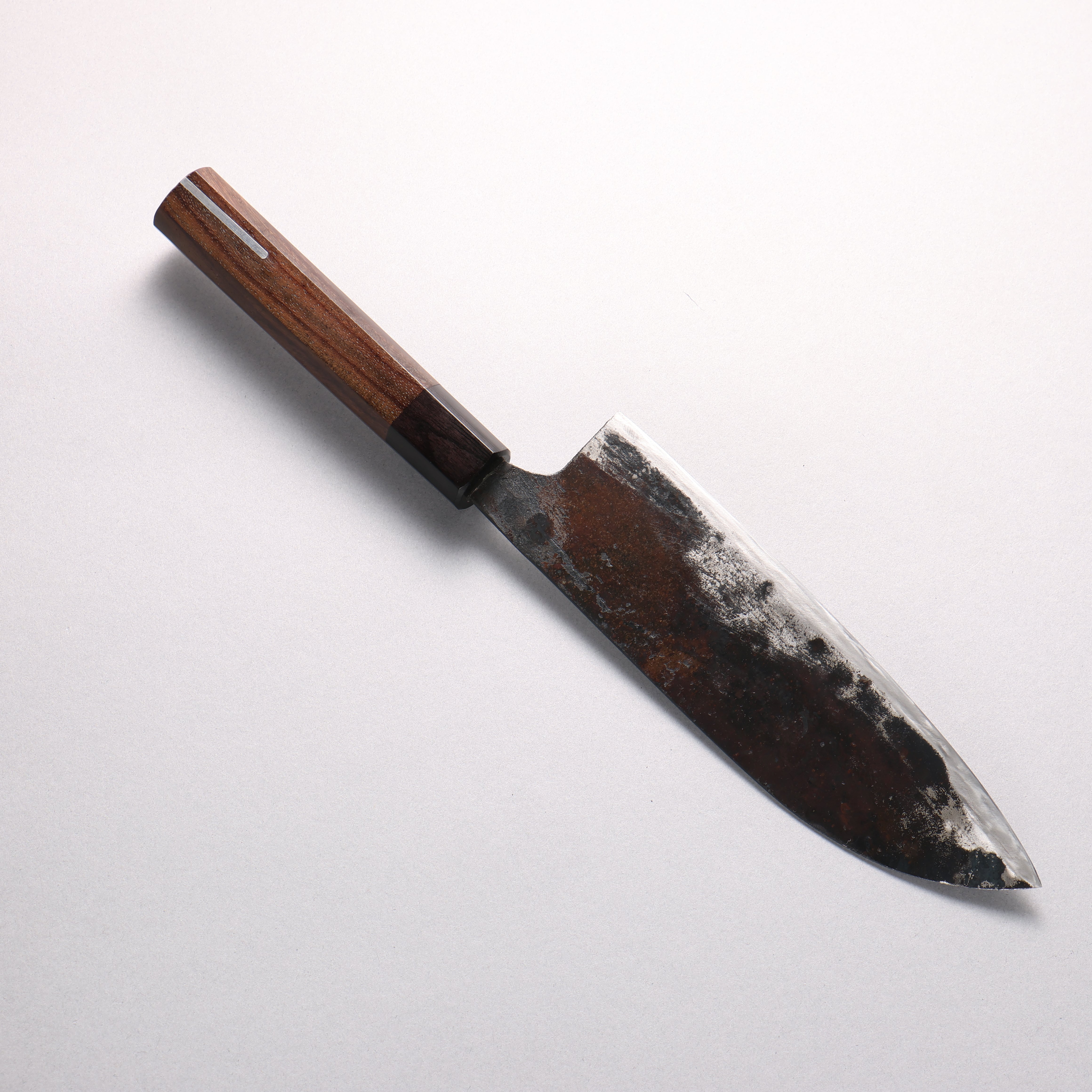 Shigemitsu Ito Tamahagane Meteorite Cladded Black Finished Santoku 180mm Rosewood (ferrule: Black Pakka wood With Silver Lining) Handle - Japanny - Best Japanese Knife