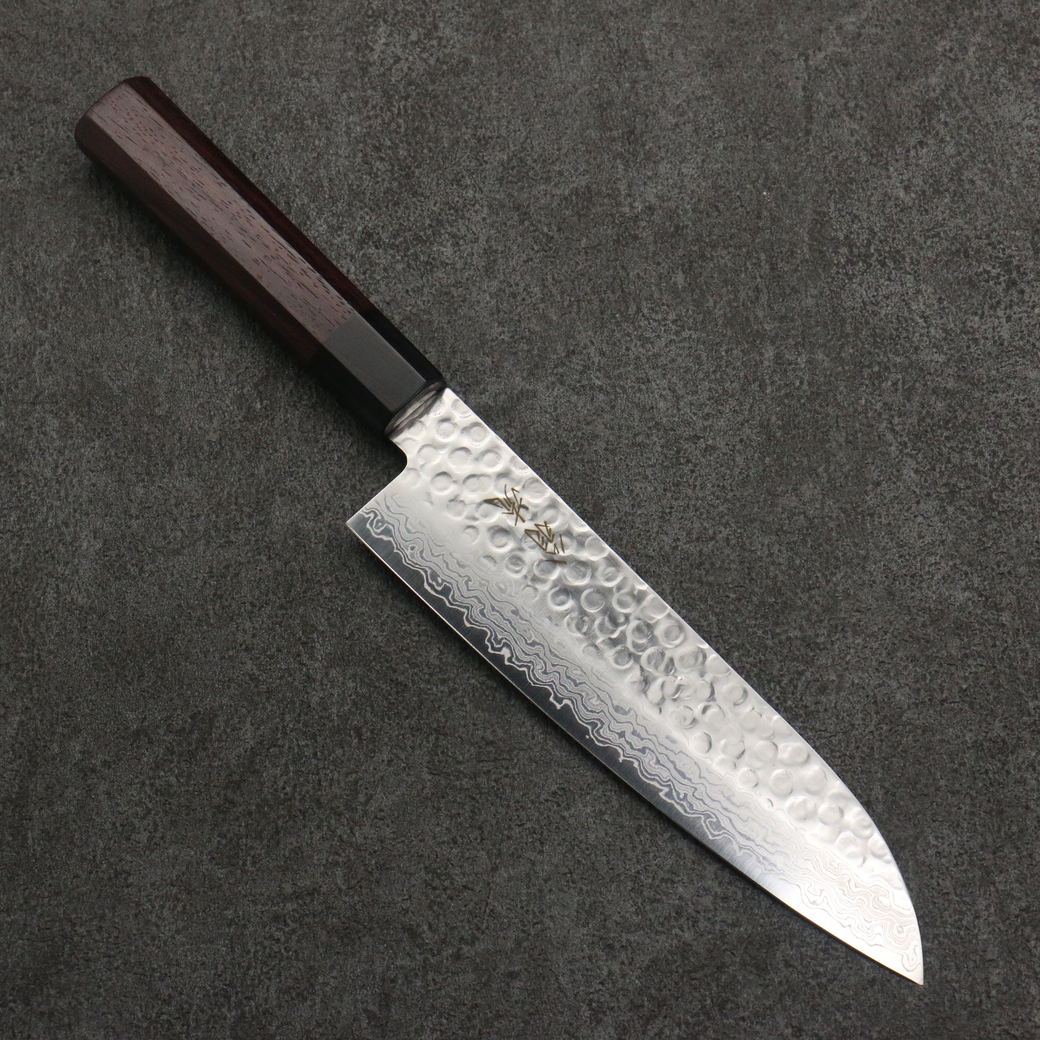 Oul AUS10 Hammered Damascus Santoku  180mm Rosewood Handle - Japanny - Best Japanese Knife