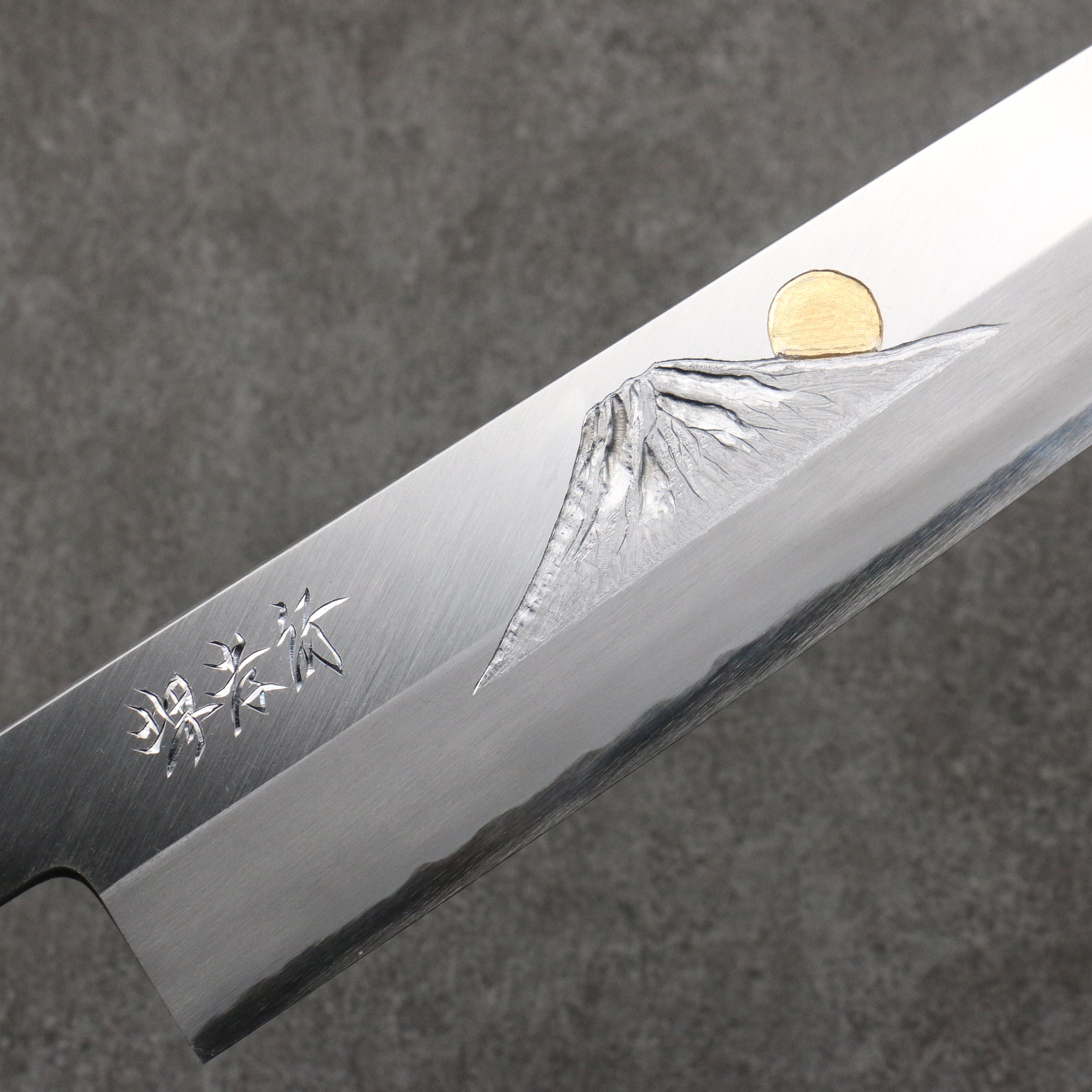 Sakai Takayuki Gold Filled Engraving by Kubota Fuji and Sunset Blue Steel No.2 Kiritsuke Gyuto  270mm Magnolia  (Ferrule: Water Buffalo Horn) Handle - Japanny - Best Japanese Knife
