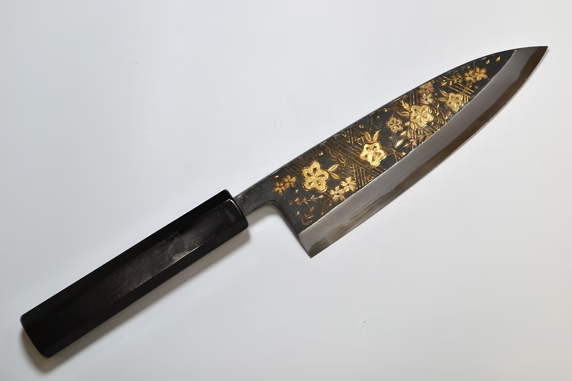 Sakai Takayuki Gold Filled Engraving by Kubota Karyū White Steel No.2 Black Finished Deba 165mm Ebony Wood (ferrule: Black Water Buffalo Horn And Silver Ring) Handle - Japanny - Best Japanese Knife