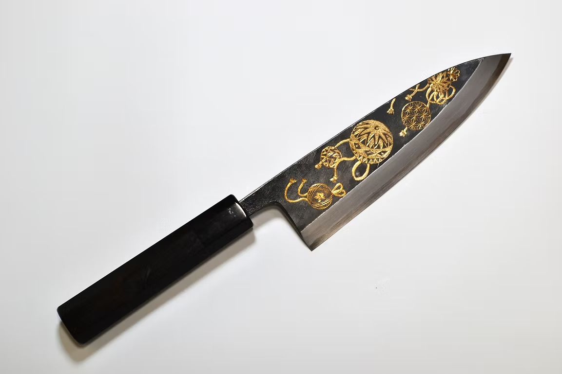 Sakai Takayuki Gold Filled Engraving by Kubota Temari White Steel No.2 Black Finished Deba 165mm Ebony Wood (ferrule: Black Water Buffalo Horn And Silver Ring) Handle - Japanny - Best Japanese Knife