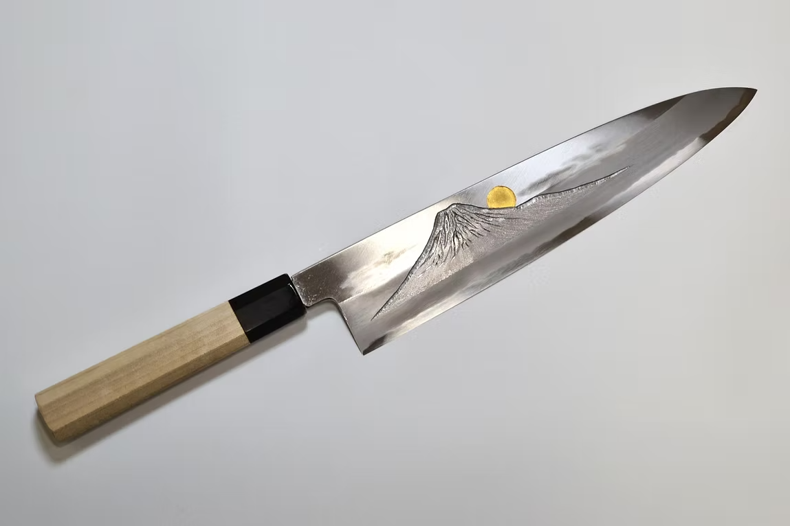 Sakai Takayuki Gold Filled Engraving by Kubota Sunset over Mt. Fuji Blue Steel No.2 Gyuto 240mm Magnolia (Ferrule: Water Buffalo Horn) Handle - Japanny - Best Japanese Knife