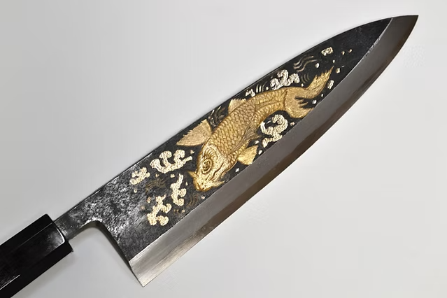Sakai Takayuki Metal Decorated Engraving by Kubota Sojo no koi White Steel No.2 Black Finished Deba 240mm Ebony Wood (ferrule: Black Water Buffalo Horn And Silver Ring) Handle - Japanny - Best Japanese Knife