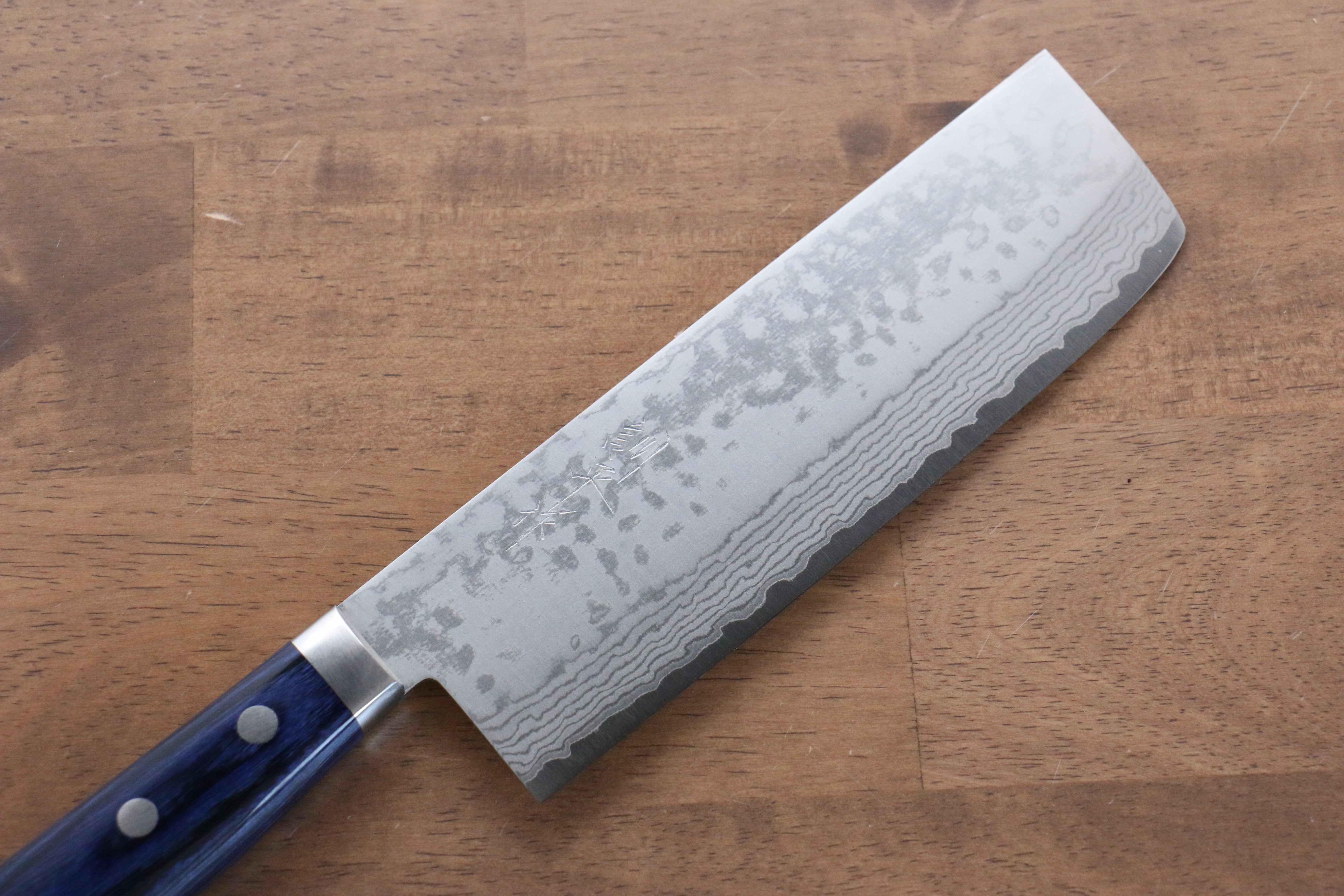 Kunihira Sairyu VG10 Damascus Nakiri 165mm Blue Pakka wood Handle - Japanny - Best Japanese Knife