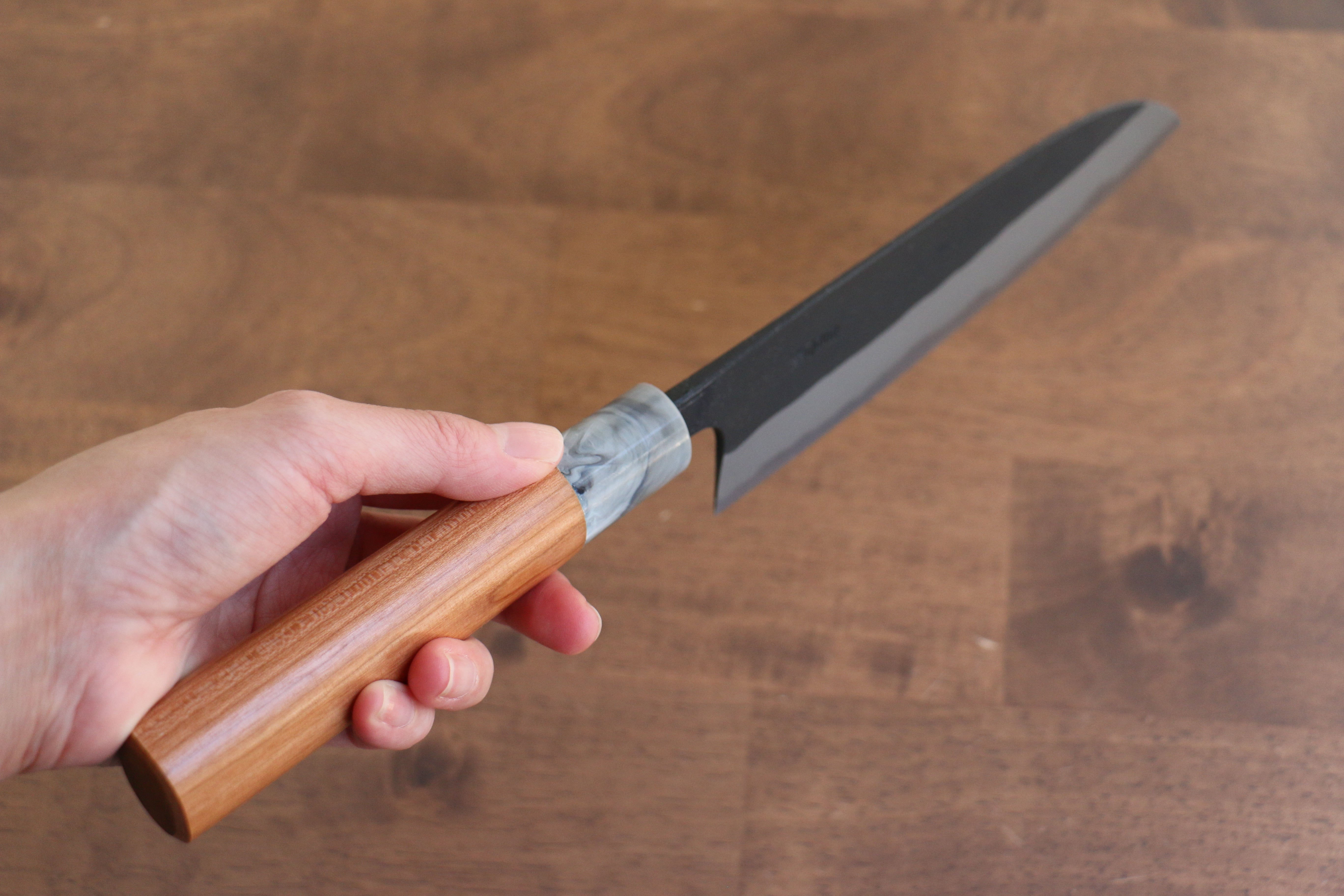 Nao Yamamoto White Steel No.2 Kurouchi Santoku 170mm Cherry Wood Handle - Japanny - Best Japanese Knife