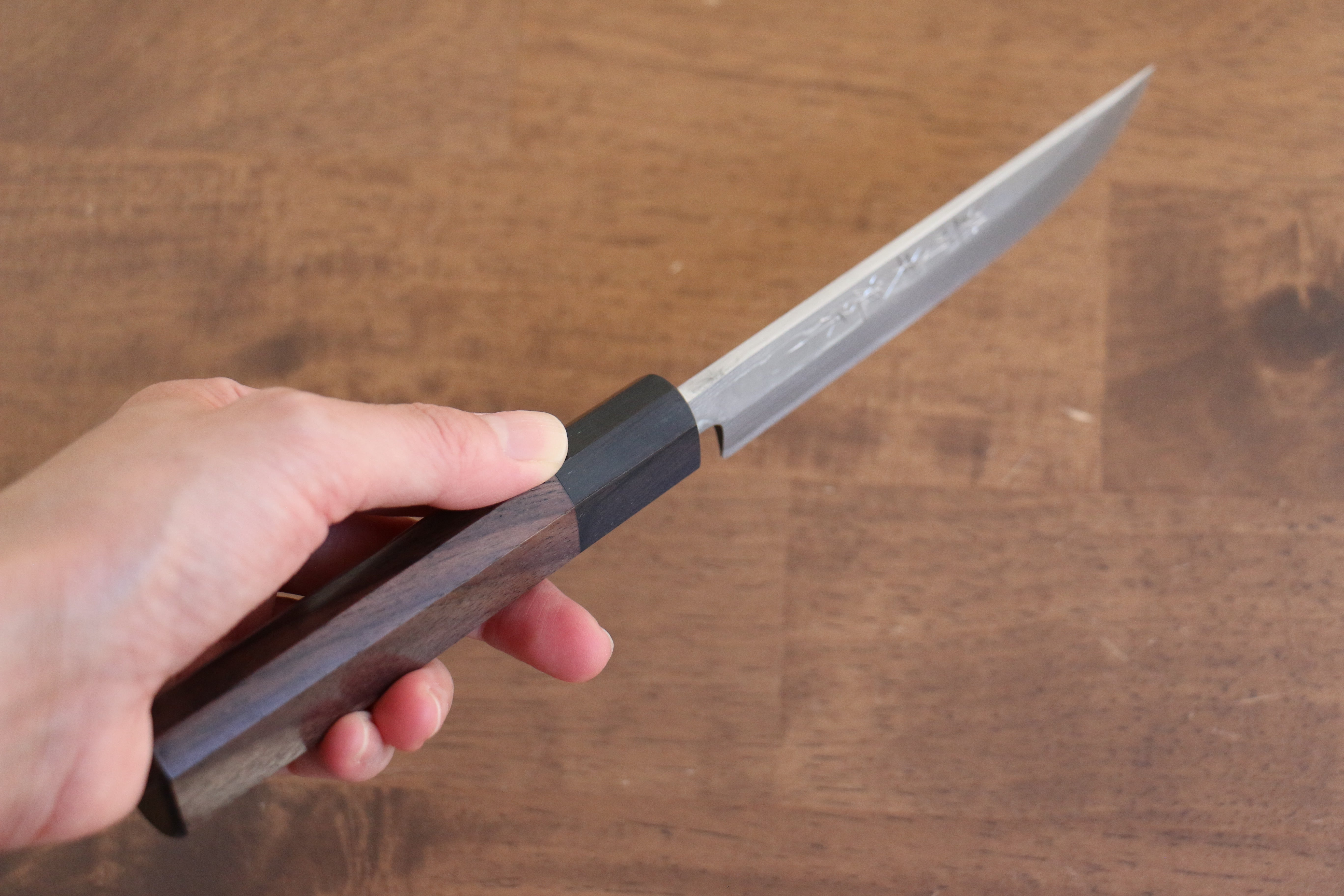 Hideo Kitaoka White Steel No.2 Damascus Matsuba 120mm Shitan Handle - Japanny - Best Japanese Knife