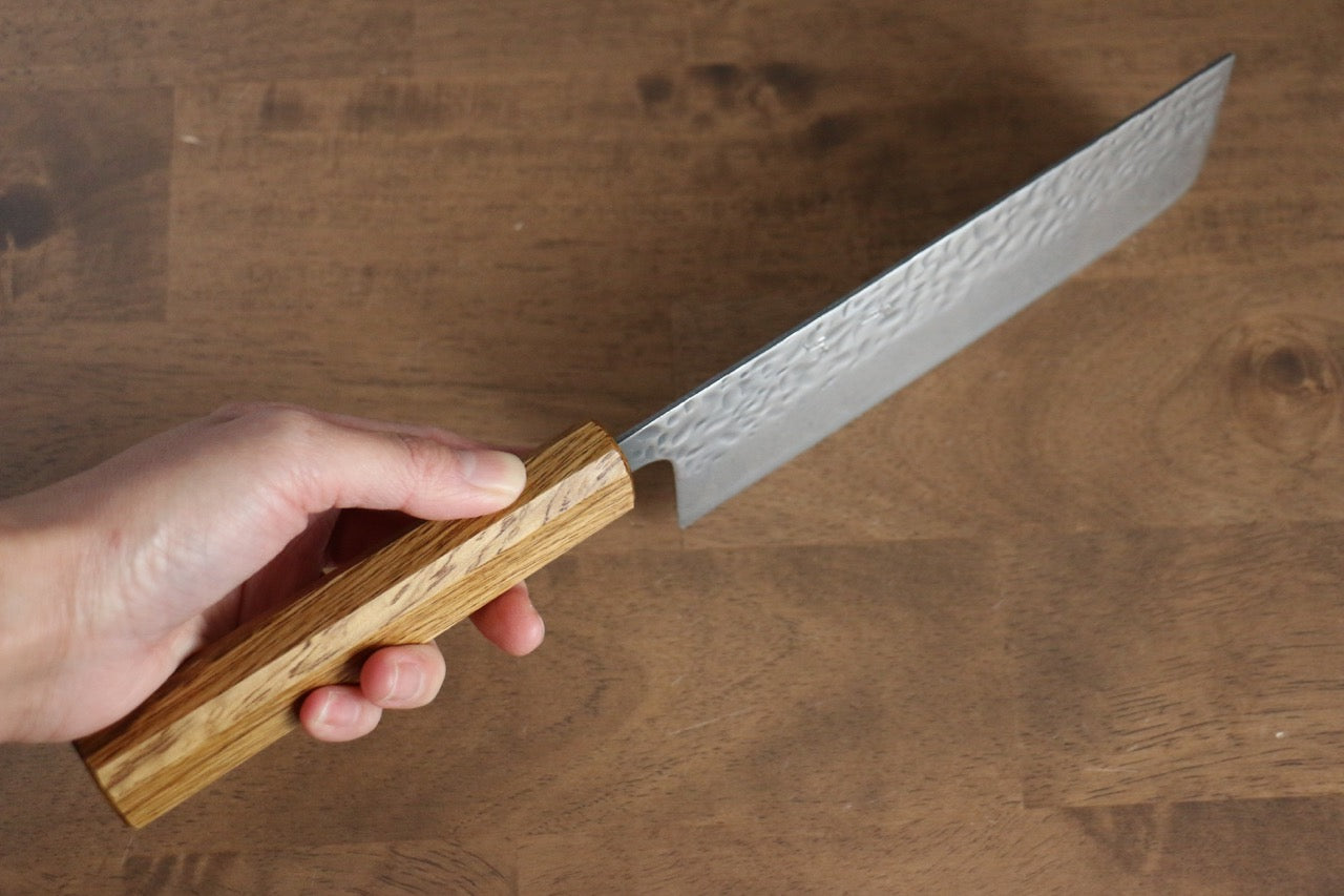 Seisuke Tsukikage AUS10 Migaki Finished Hammered Damascus Nakiri 170mm Oak Handle - Japanny - Best Japanese Knife