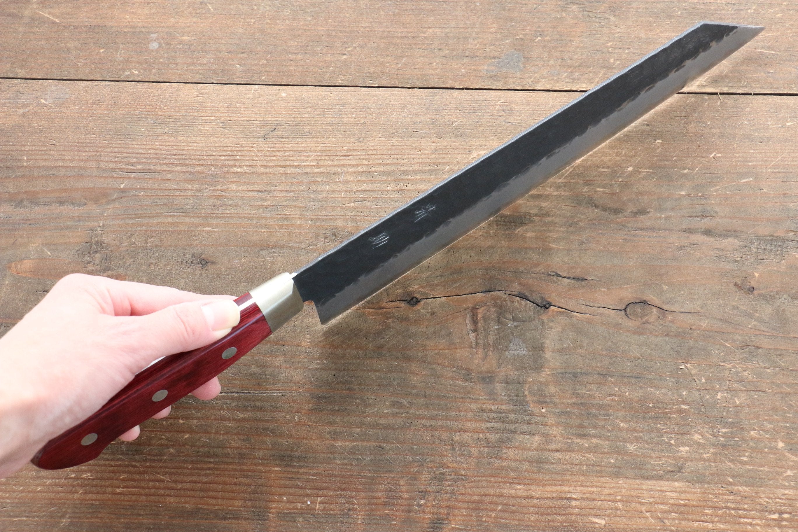 Seisuke Kurobeni Blue Super Hammered Kurouchi Kiritsuke Gyuto 240mm Red Pakka wood Handle - Japanny - Best Japanese Knife