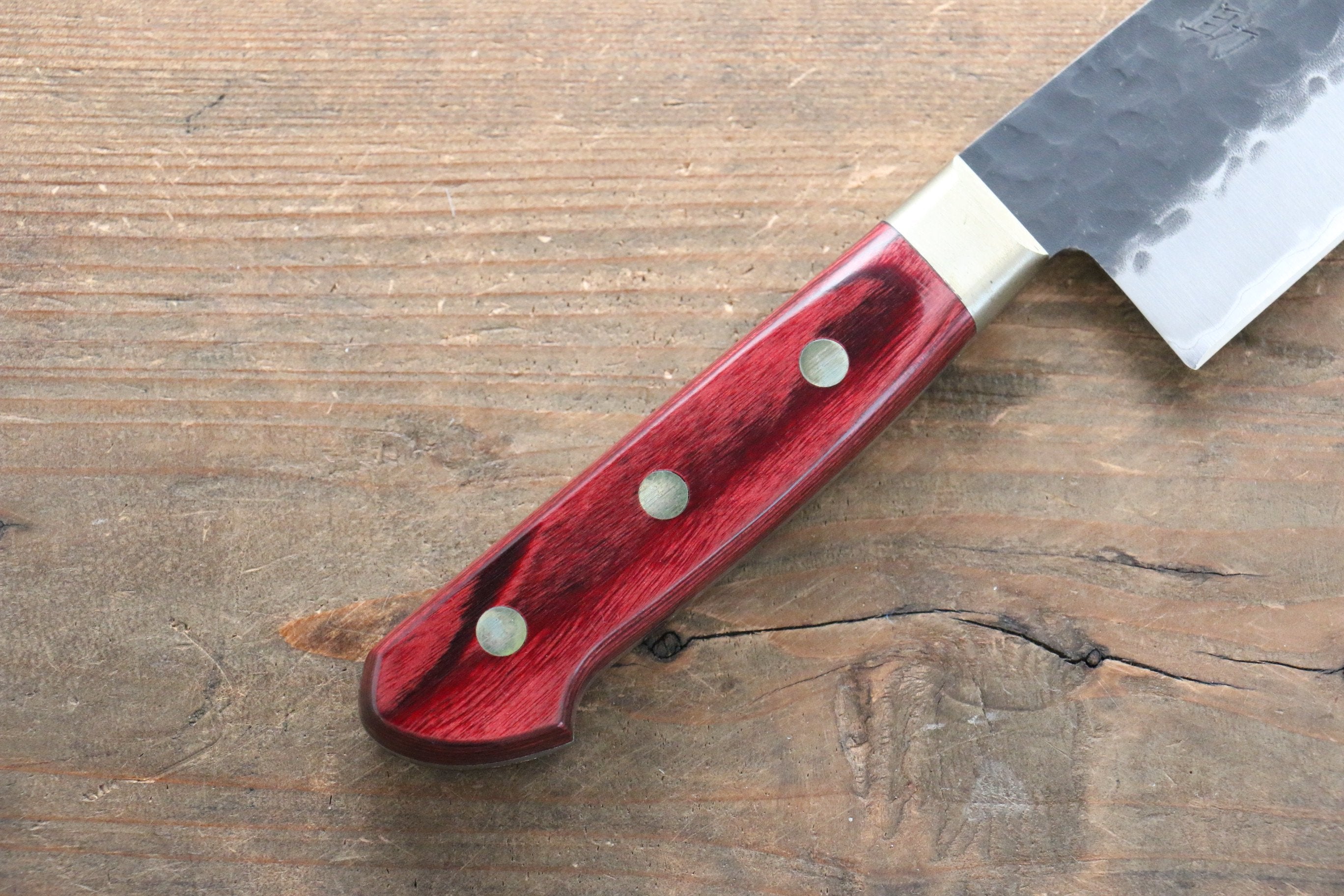 Seisuke Kurobeni Blue Super Hammered Kurouchi Kiritsuke Gyuto 210mm Red Pakka wood Handle - Japanny - Best Japanese Knife
