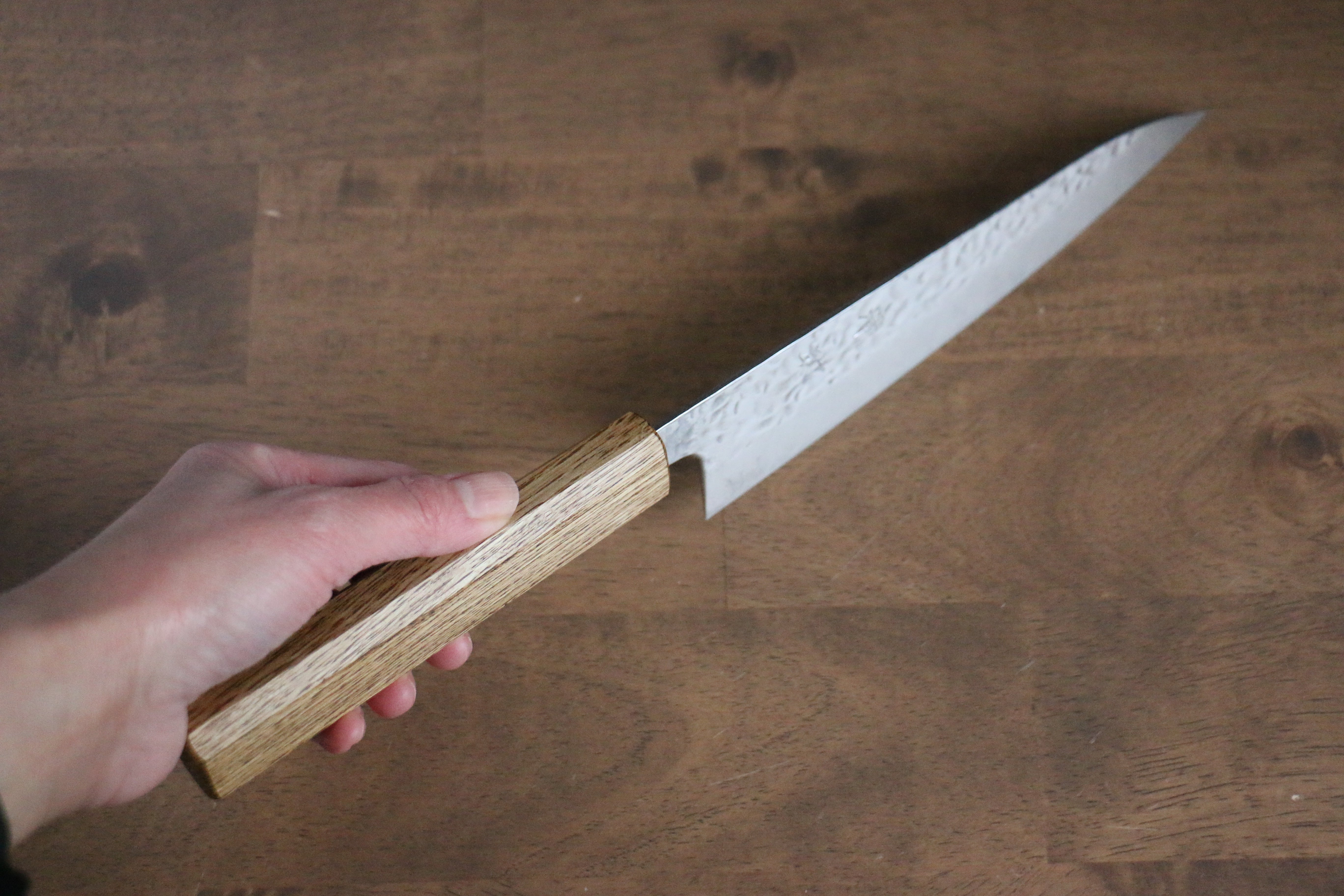Seisuke Tsukikage AUS10 Migaki Finished Hammered Damascus Gyuto 180mm Oak Handle - Japanny - Best Japanese Knife