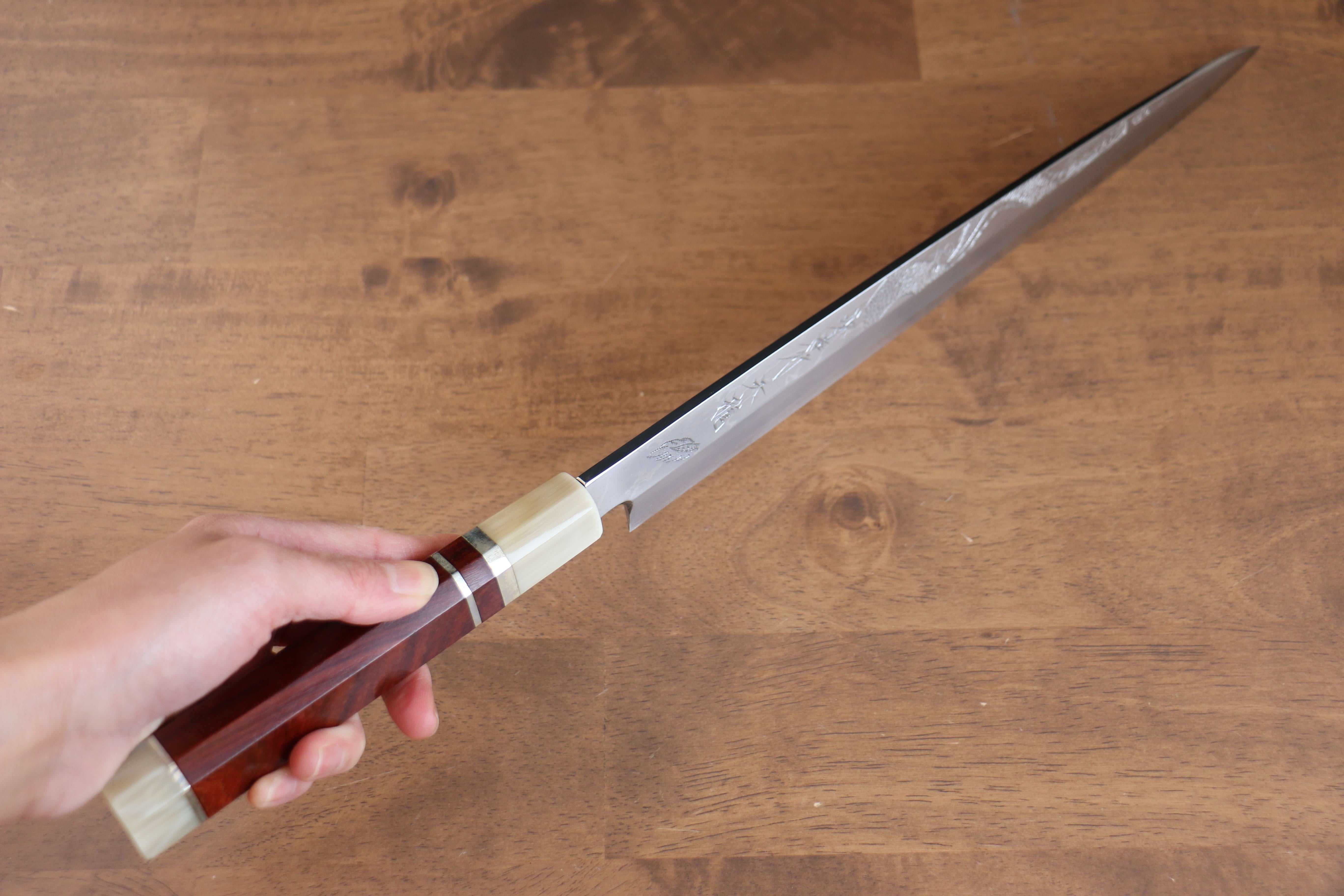 Sakai Takayuki Tenryu Uzushio Blue Steel No.2 Dragon Engraved Yanagiba 300mm Red Ebony Wood Handle with Sheath - Japanny - Best Japanese Knife