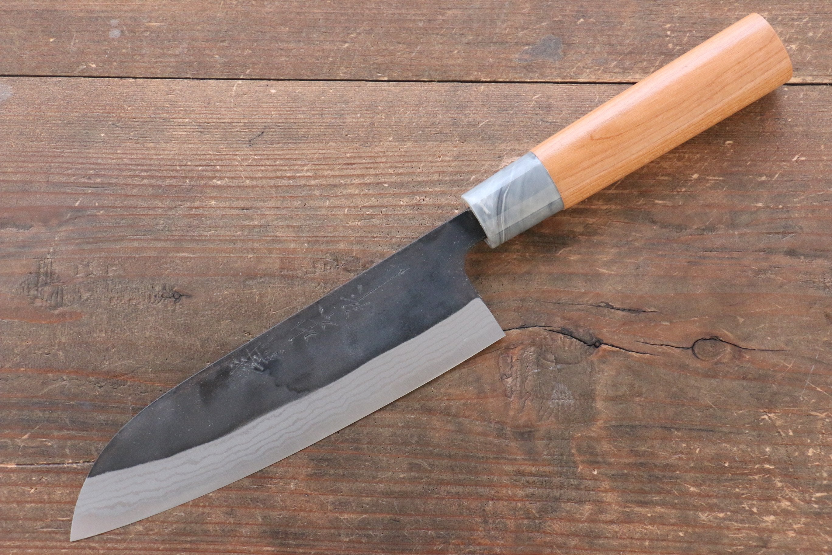 Nao Yamamoto White Steel No.2 Kurouchi Damascus Santoku 170mm American Cherry Handle - Japanny - Best Japanese Knife