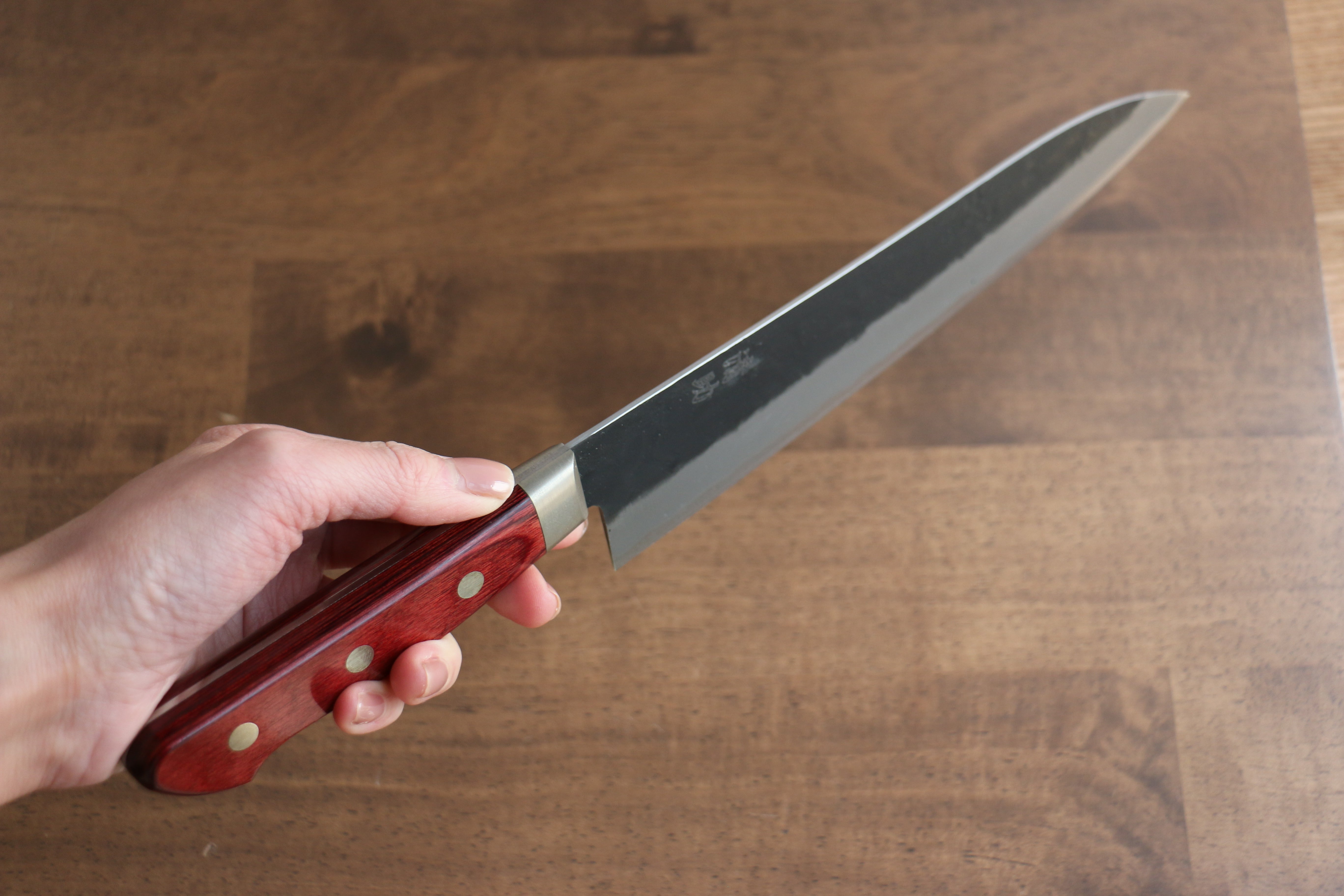 Seisuke Kuronashi Blue Super Nashiji Kurouchi Gyuto 210mm Red Pakka wood Handle - Japanny - Best Japanese Knife
