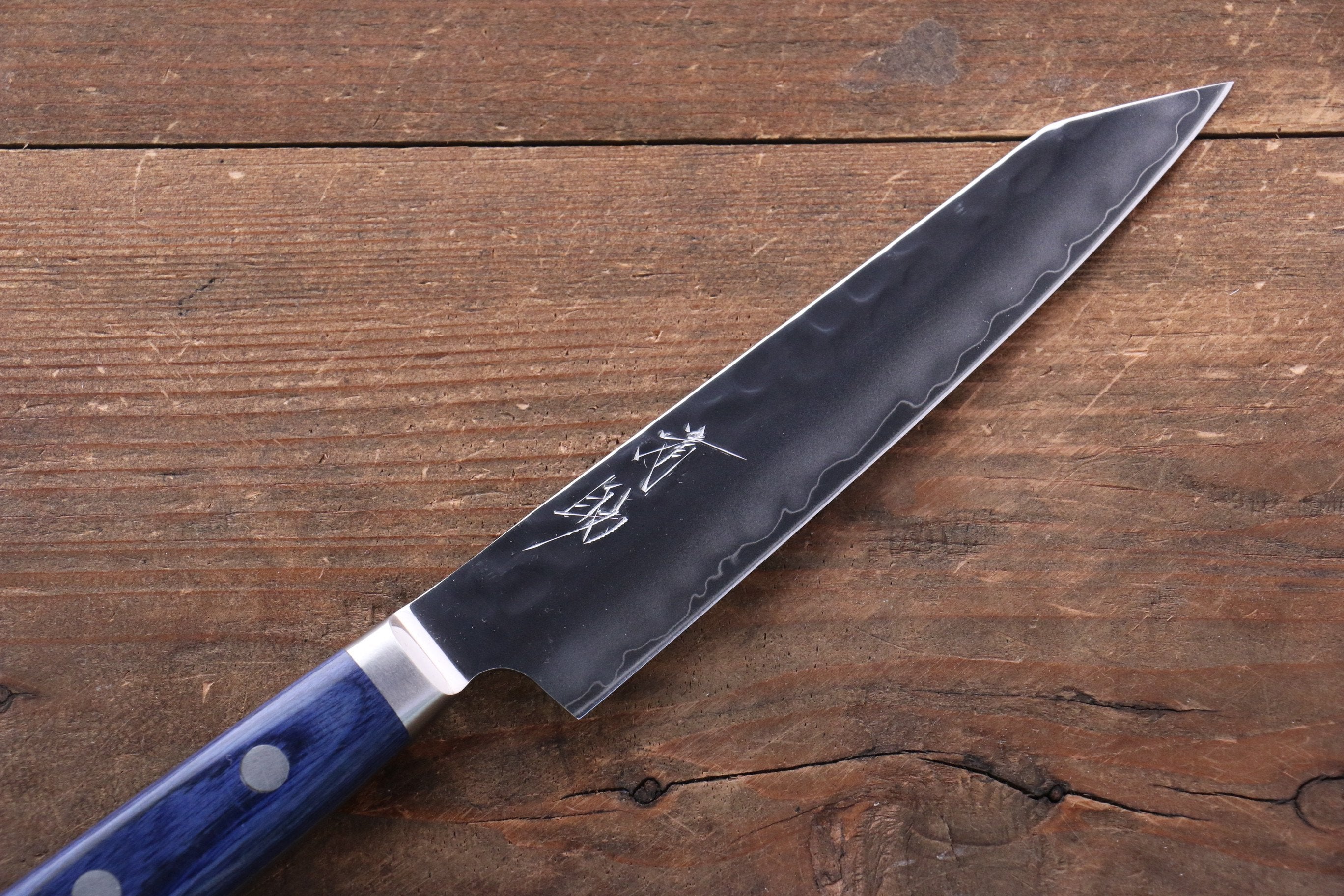 Seisuke Aotsuchi AUS10 Hammered Kiritsuke Petty-Utility 140mm Blue Pakka wood Handle with Sheath - Japanny - Best Japanese Knife