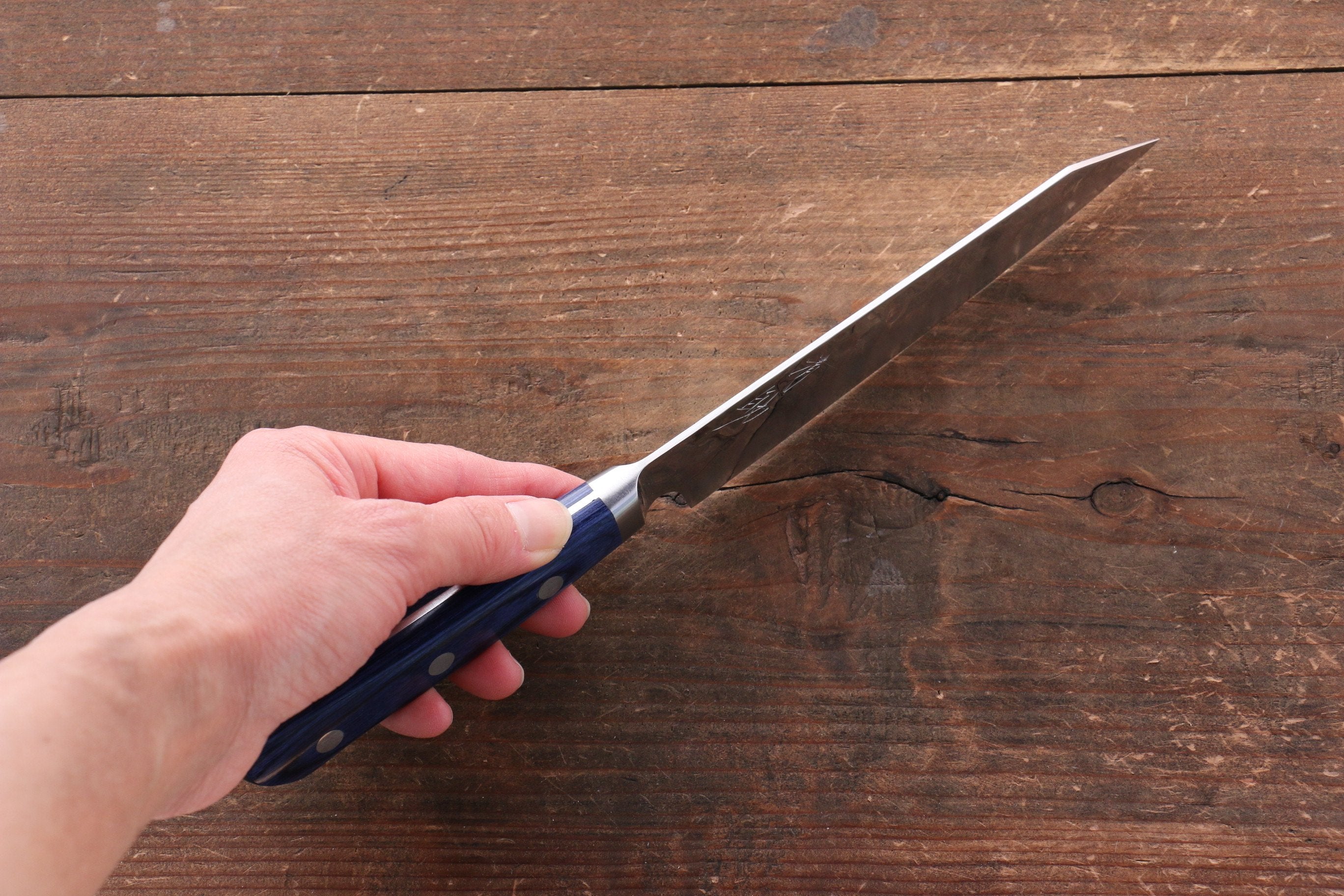Seisuke Aotsuchi AUS10 Hammered Kiritsuke Petty-Utility 140mm Blue Pakka wood Handle with Sheath - Japanny - Best Japanese Knife
