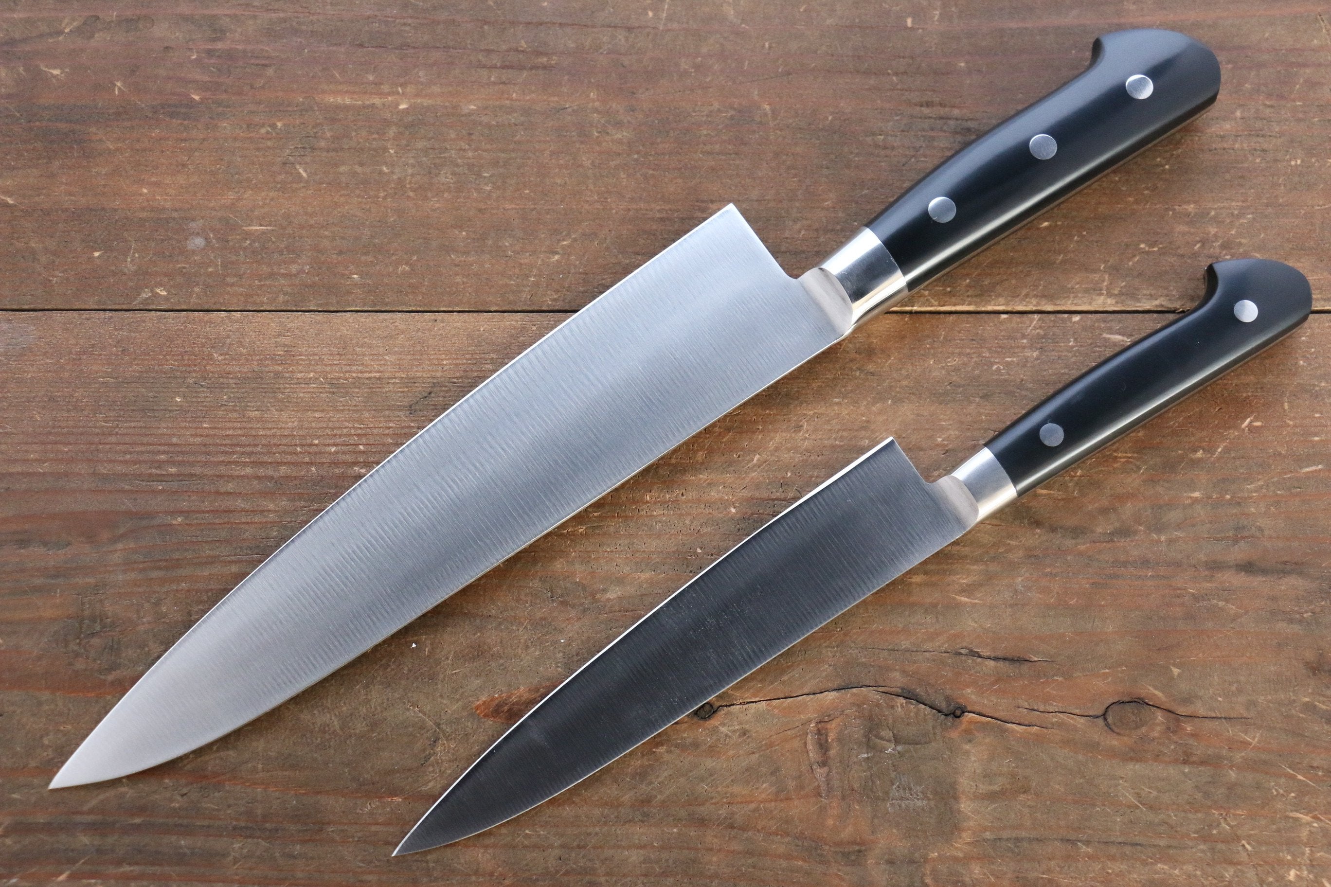 Iseya Molybdenum Steel Petty Knife 150mm & Gyuto Knife 210mmwith Black Micarta handle Set (Ferrel : Stainless Steel) - Japanny - Best Japanese Knife
