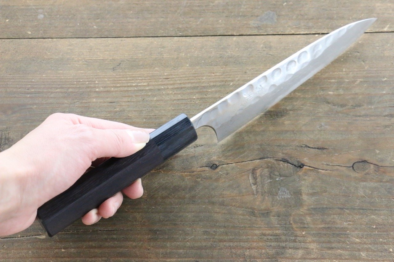 Seisuke Blue Steel No.2 Hammered Damascus Petty-Utility 150mm Shitan Handle - Japanny - Best Japanese Knife