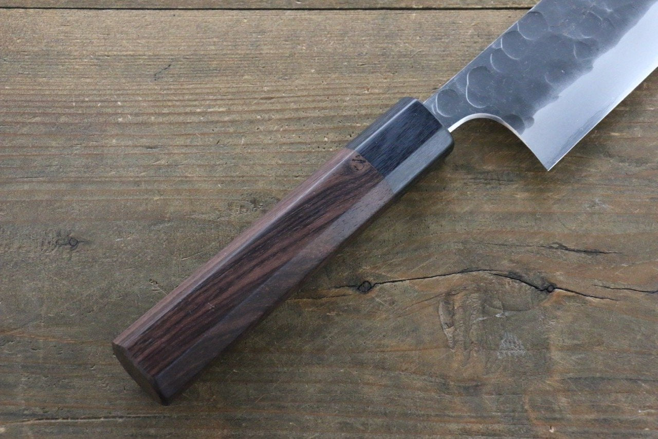 Seisuke Blue Steel No.2 Hammered Kurouchi Santoku 180mm Shitan Handle - Japanny - Best Japanese Knife