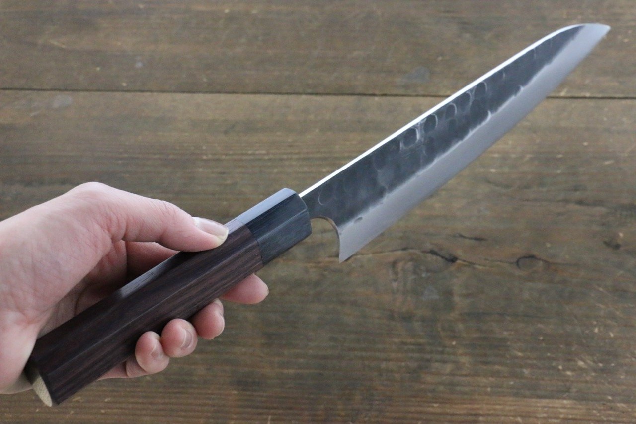 Seisuke Blue Steel No.2 Hammered Kurouchi Gyuto 210mm Shitan Handle - Japanny - Best Japanese Knife