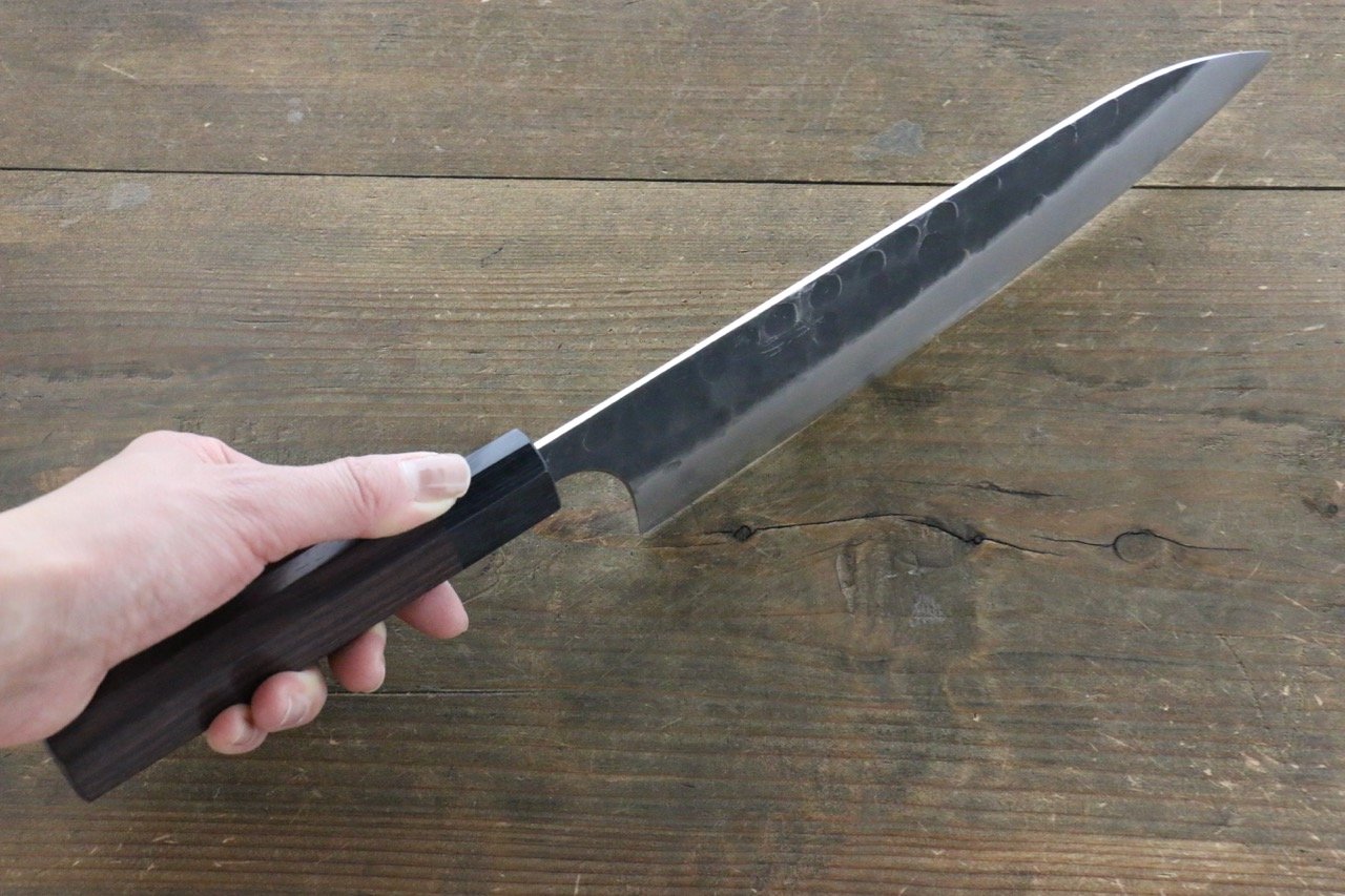 Seisuke Blue Steel No.2 Hammered Kurouchi Gyuto 210mm Shitan Handle - Japanny - Best Japanese Knife