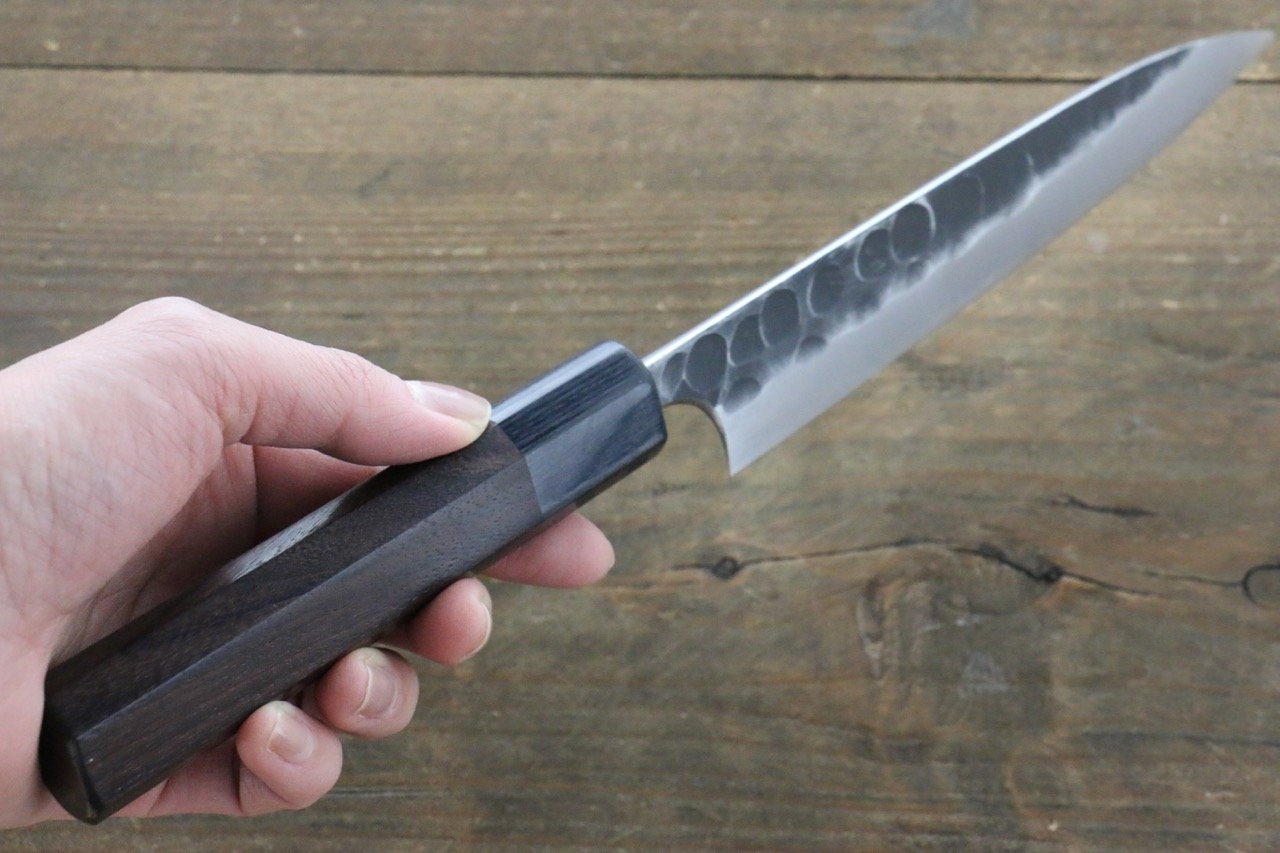 Seisuke Blue Steel No.2 Hammered Kurouchi Petty-Utility 150mm Shitan Handle - Japanny - Best Japanese Knife