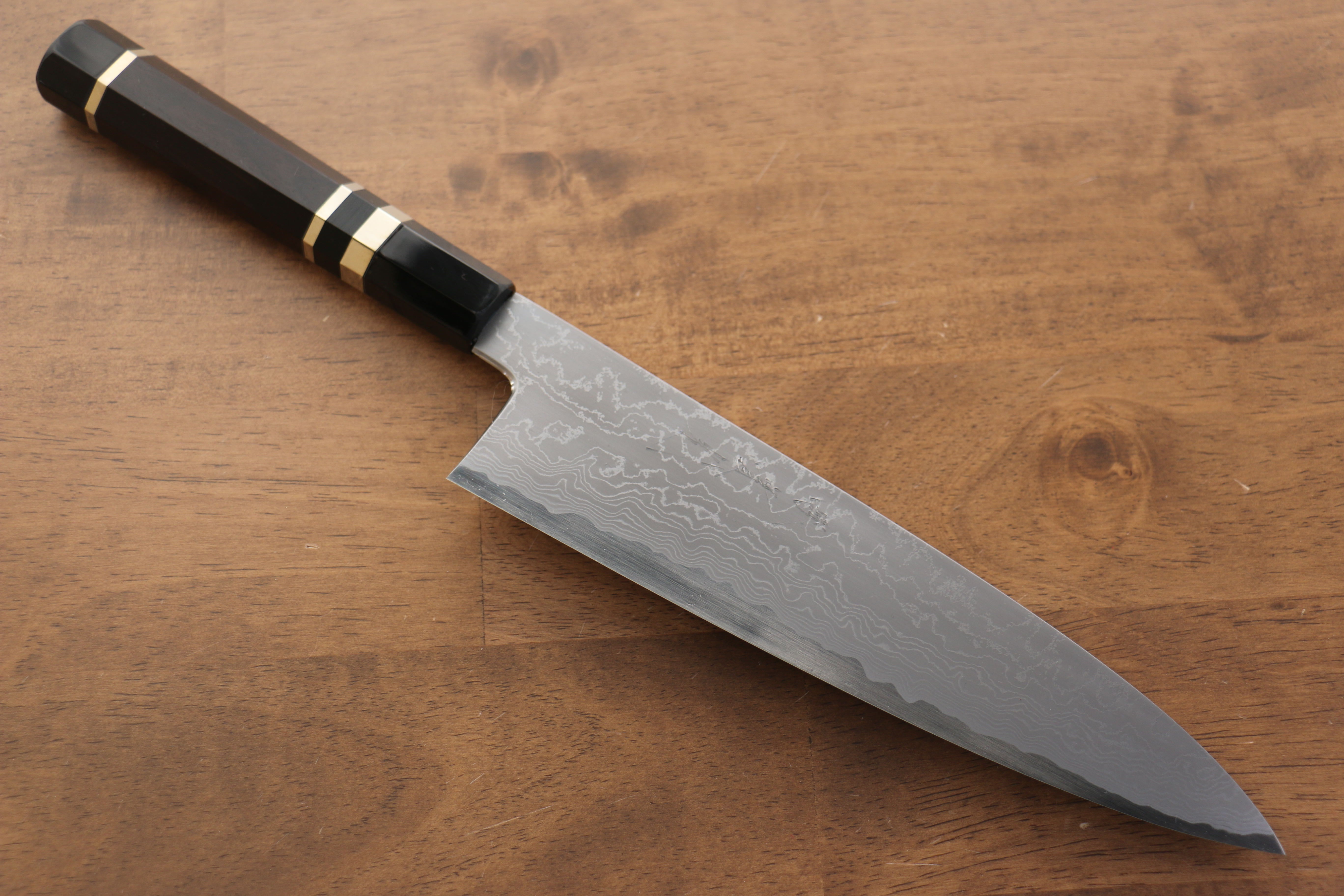 Jikko Blue Steel Damascus Gyuto  210mm Ebony with Double Ring Handle - Japanny - Best Japanese Knife
