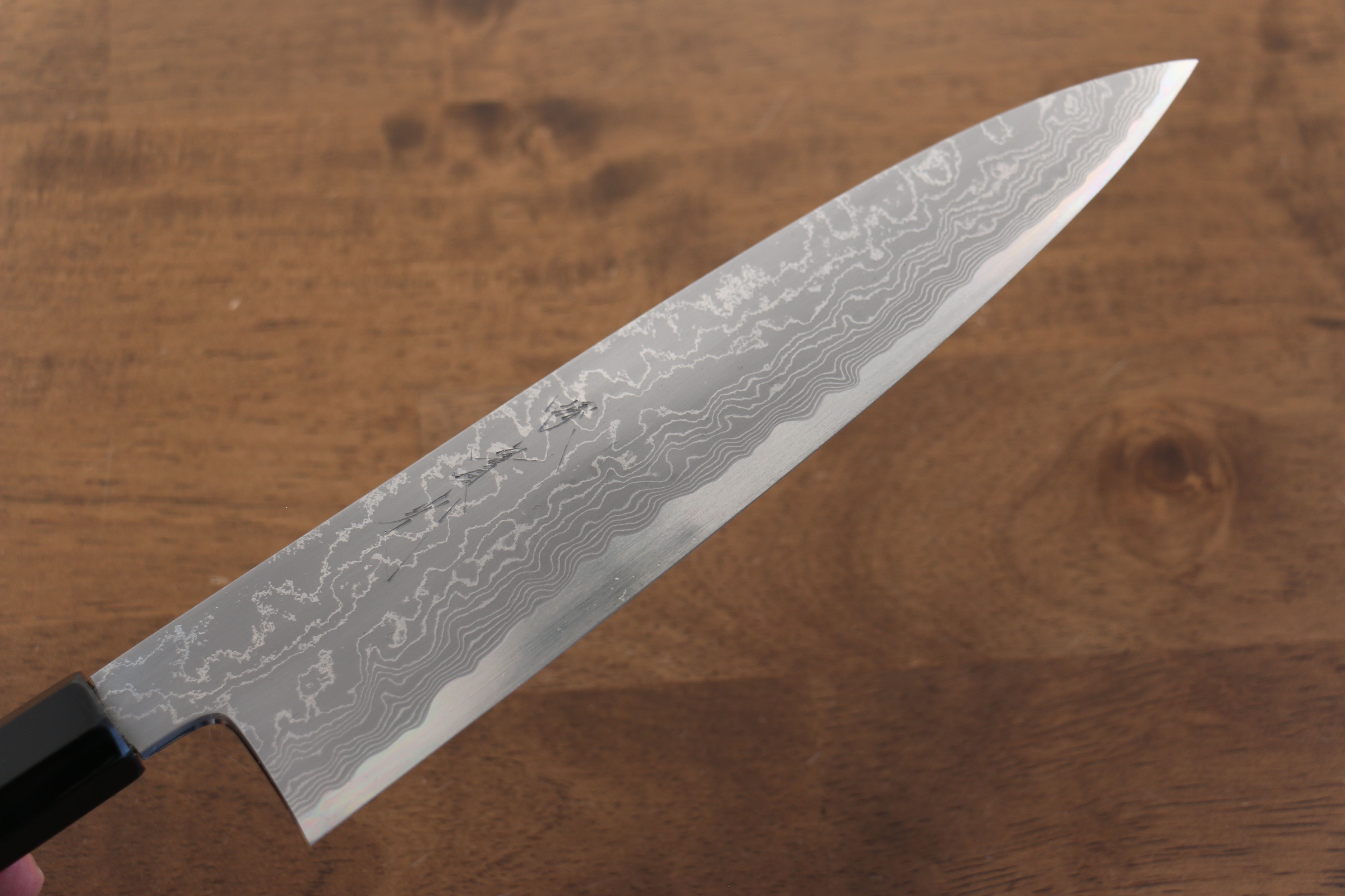 Jikko Blue Steel Damascus Gyuto  210mm Ebony with Double Ring Handle - Japanny - Best Japanese Knife