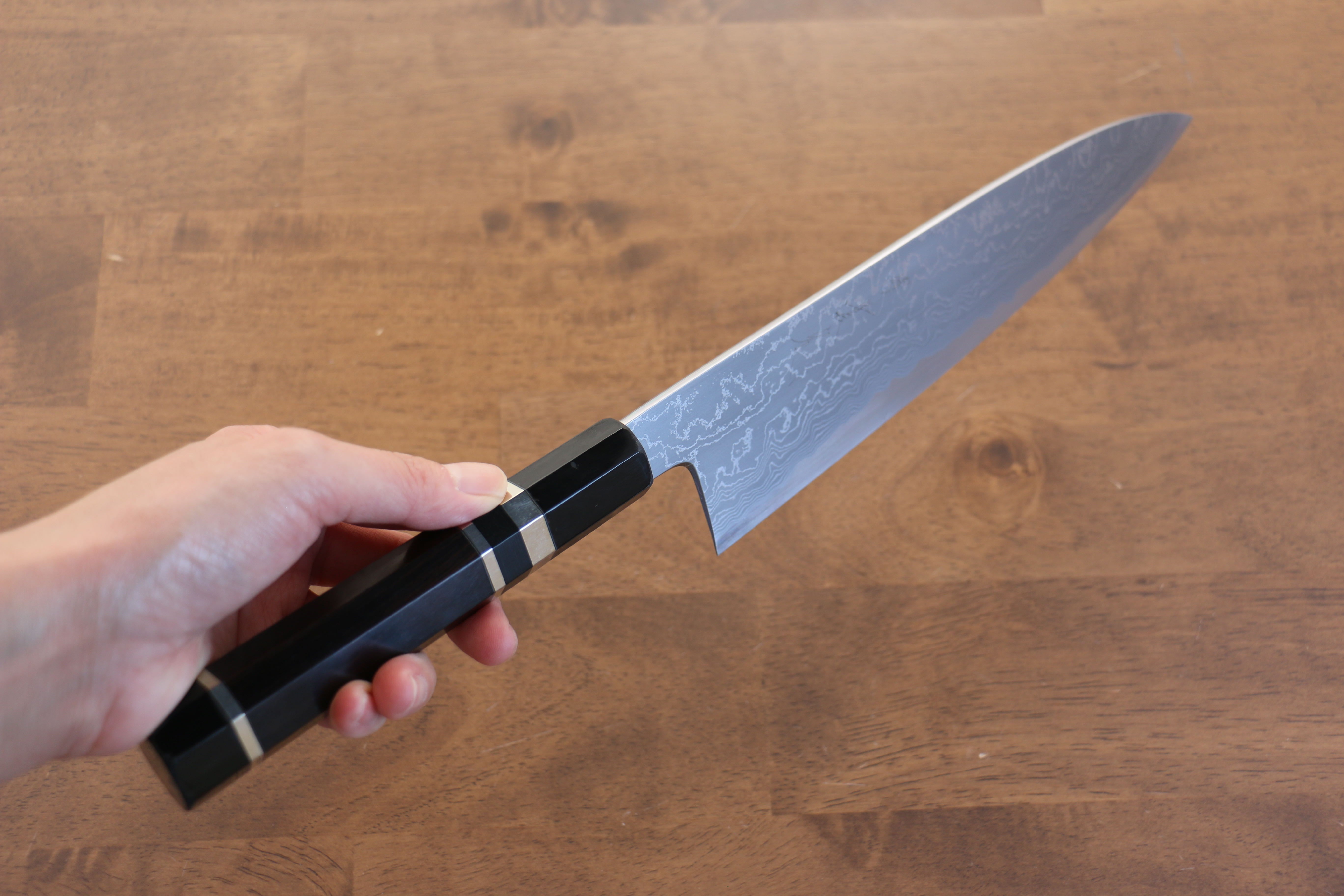 Jikko Blue Steel Damascus Gyuto  210mm Ebony with Double Ring Handle - Japanny - Best Japanese Knife