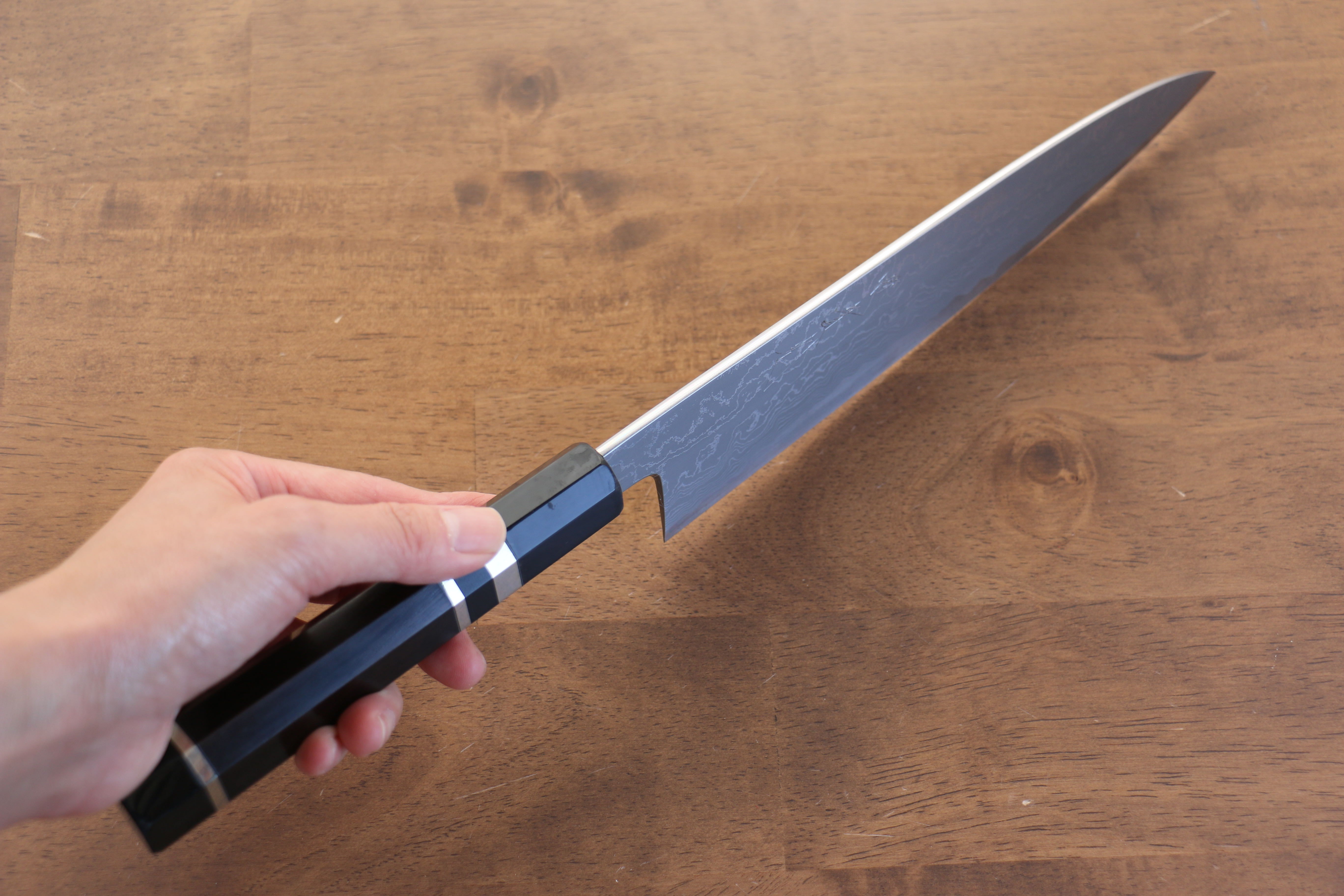 Jikko Blue Steel Damascus Gyuto  210mm Ebony with Double Ring Handle - Japanny - Best Japanese Knife