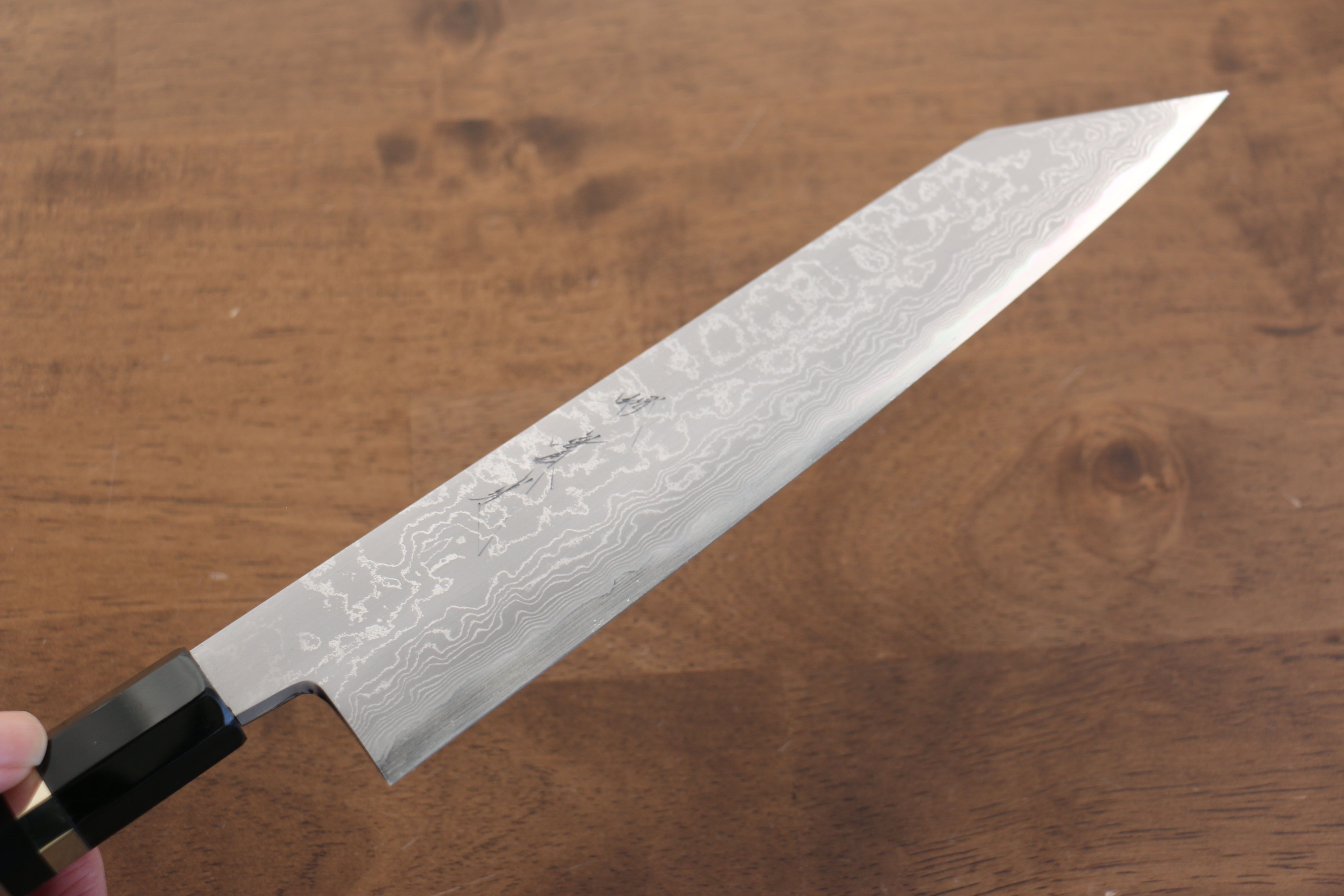 Jikko Blue Steel Damascus Kiritsuke Gyuto  210mm Ebony with Double Ring Handle - Japanny - Best Japanese Knife
