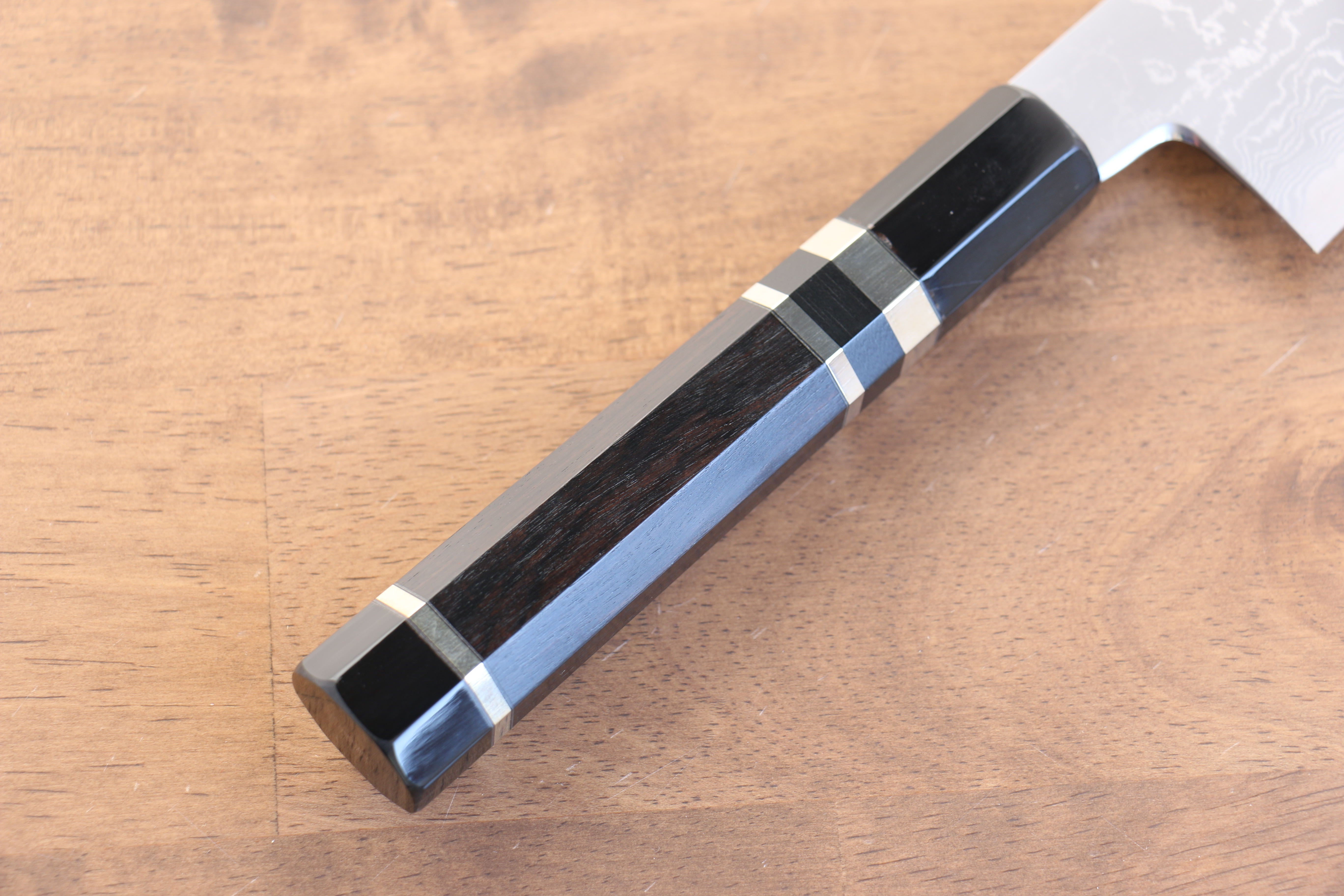 Jikko Blue Steel Damascus Kiritsuke Gyuto  210mm Ebony with Double Ring Handle - Japanny - Best Japanese Knife
