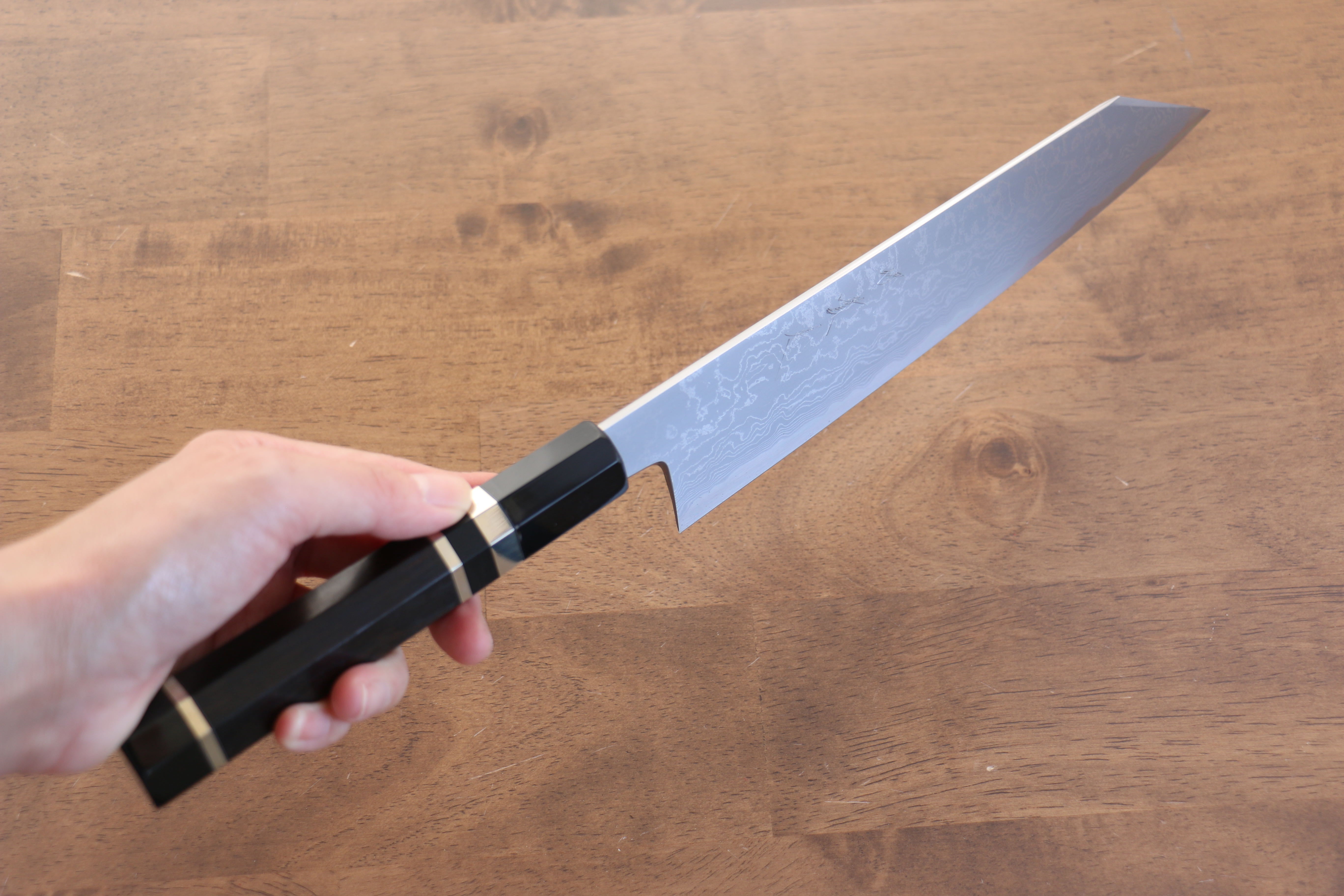 Jikko Blue Steel Damascus Kiritsuke Gyuto  210mm Ebony with Double Ring Handle - Japanny - Best Japanese Knife