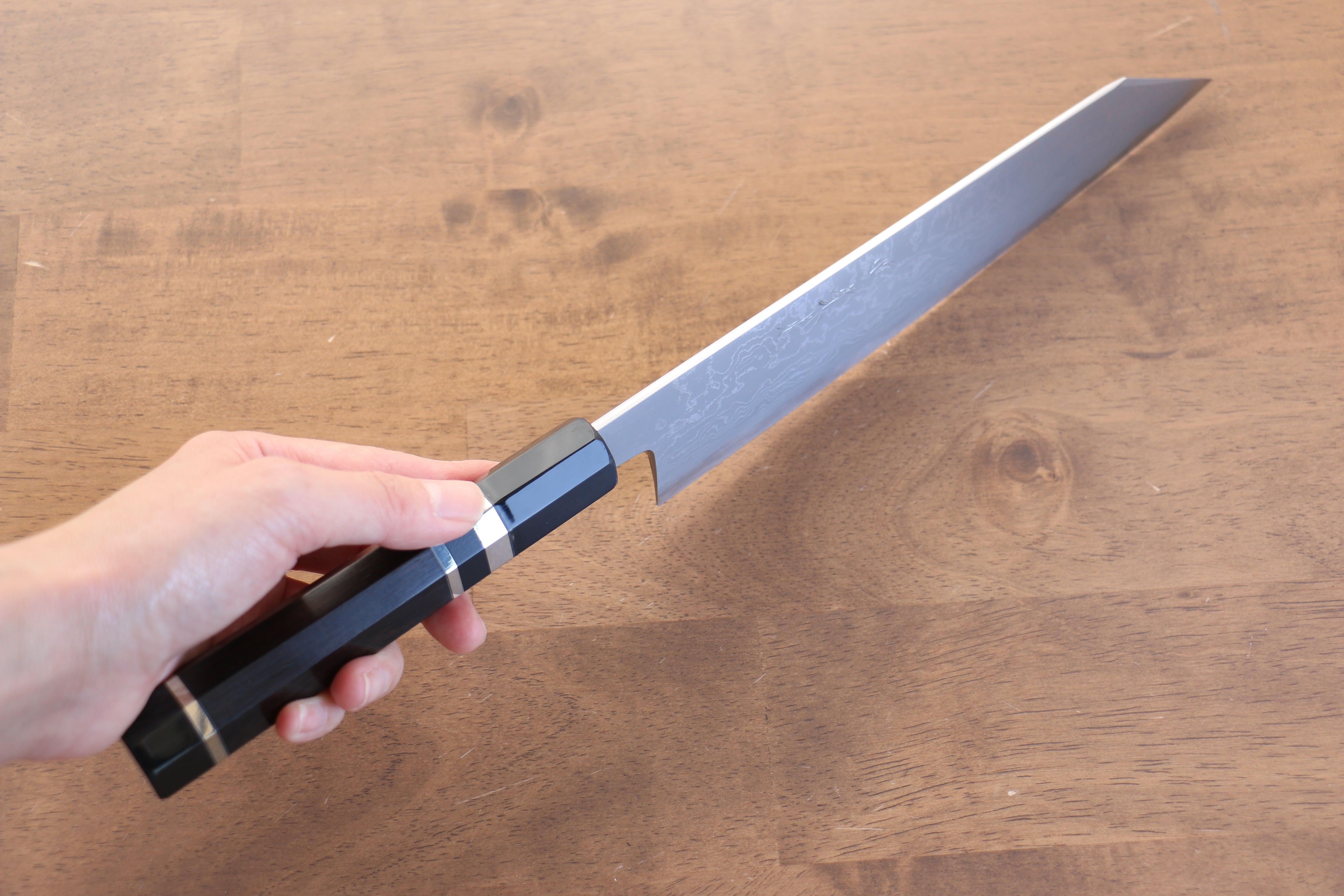 Jikko Blue Steel Damascus Kiritsuke Gyuto  210mm Ebony with Double Ring Handle - Japanny - Best Japanese Knife