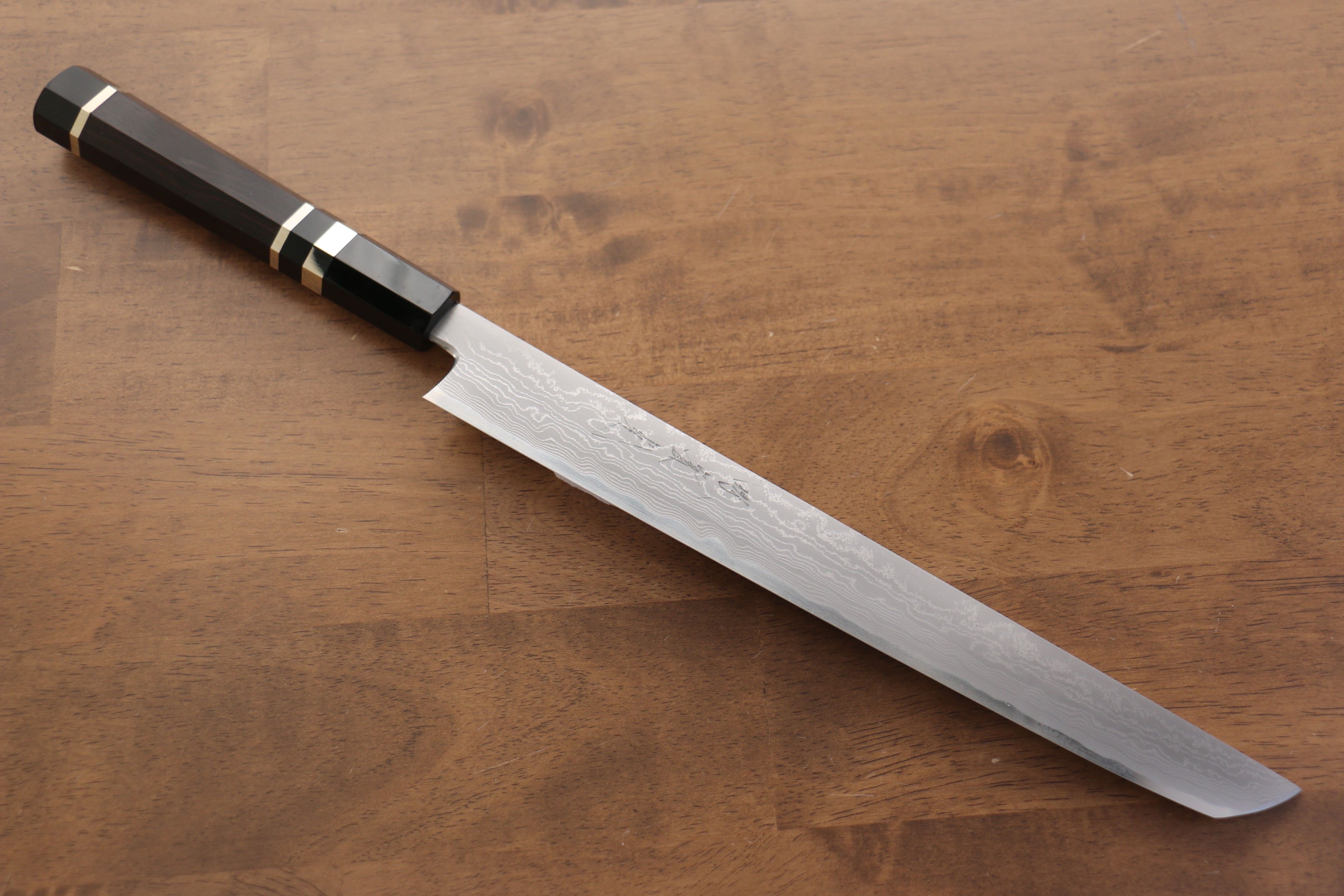 Jikko Blue Steel Damascus Sakimaru Sujihiki  270mm Ebony with Double Ring Handle - Japanny - Best Japanese Knife